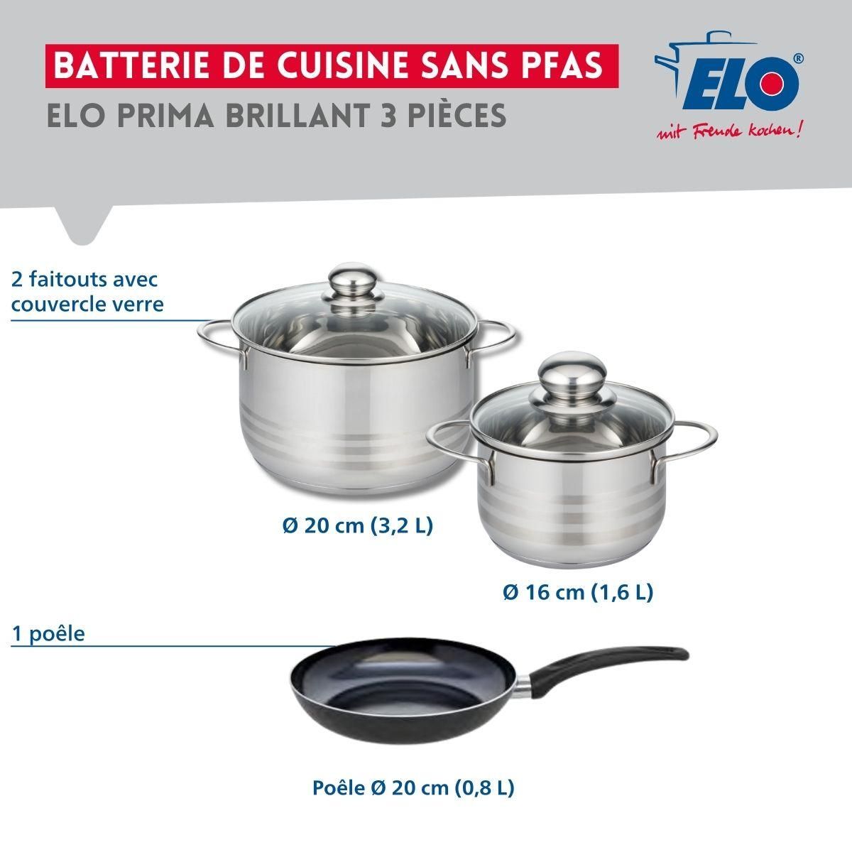 ELO Ensemble de 1 Poêle de cuisson 20 cm et 2 faitouts 16 et 20 cm Elo Prima Brillant