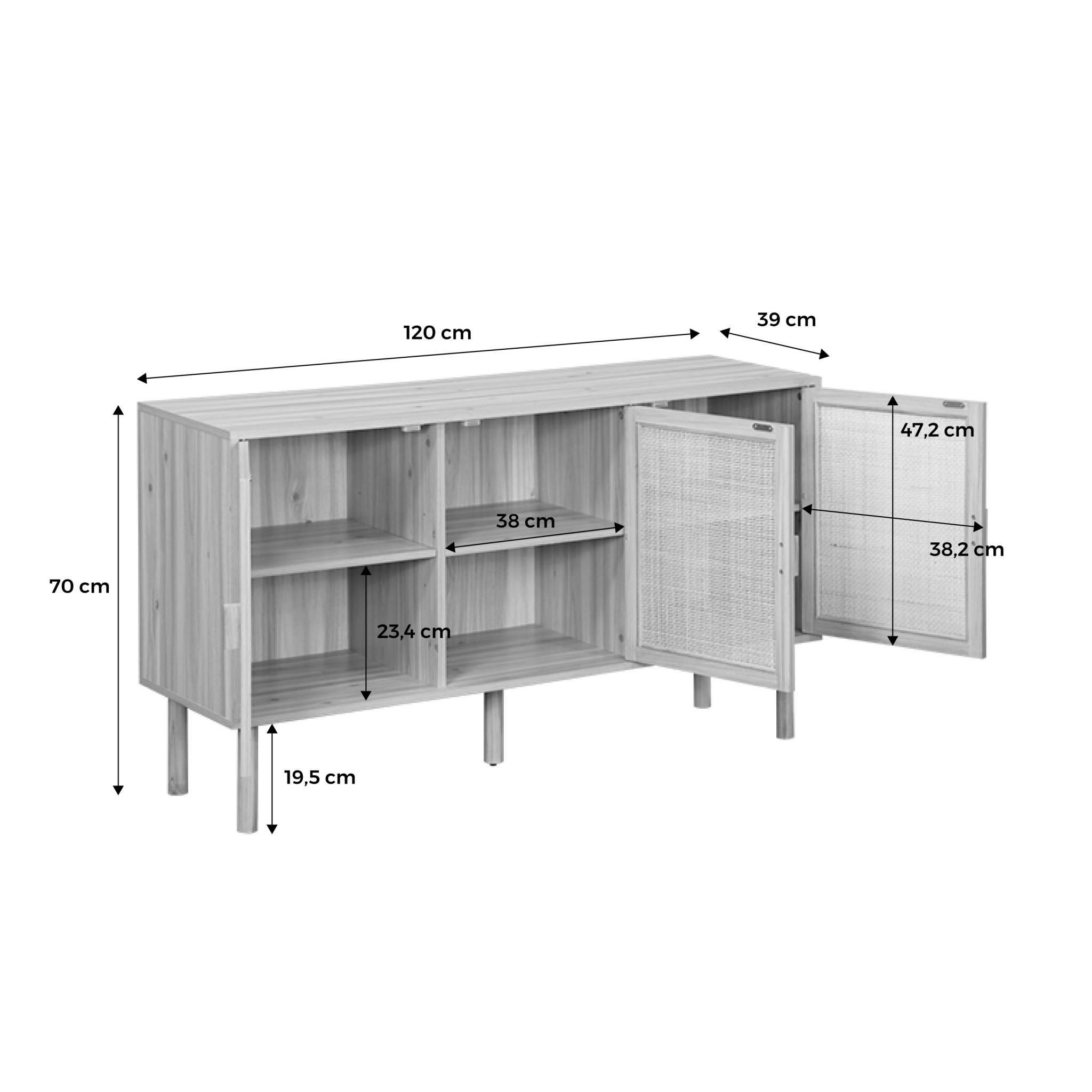 Voir la diapositive 4 : SWEEEK Buffet 3 portes et 3 étagères cannage et effet bois. Piètement et poignées en bois de sapin. buffet bas. L 120 x P 39 x H 70cm CAMARGUE