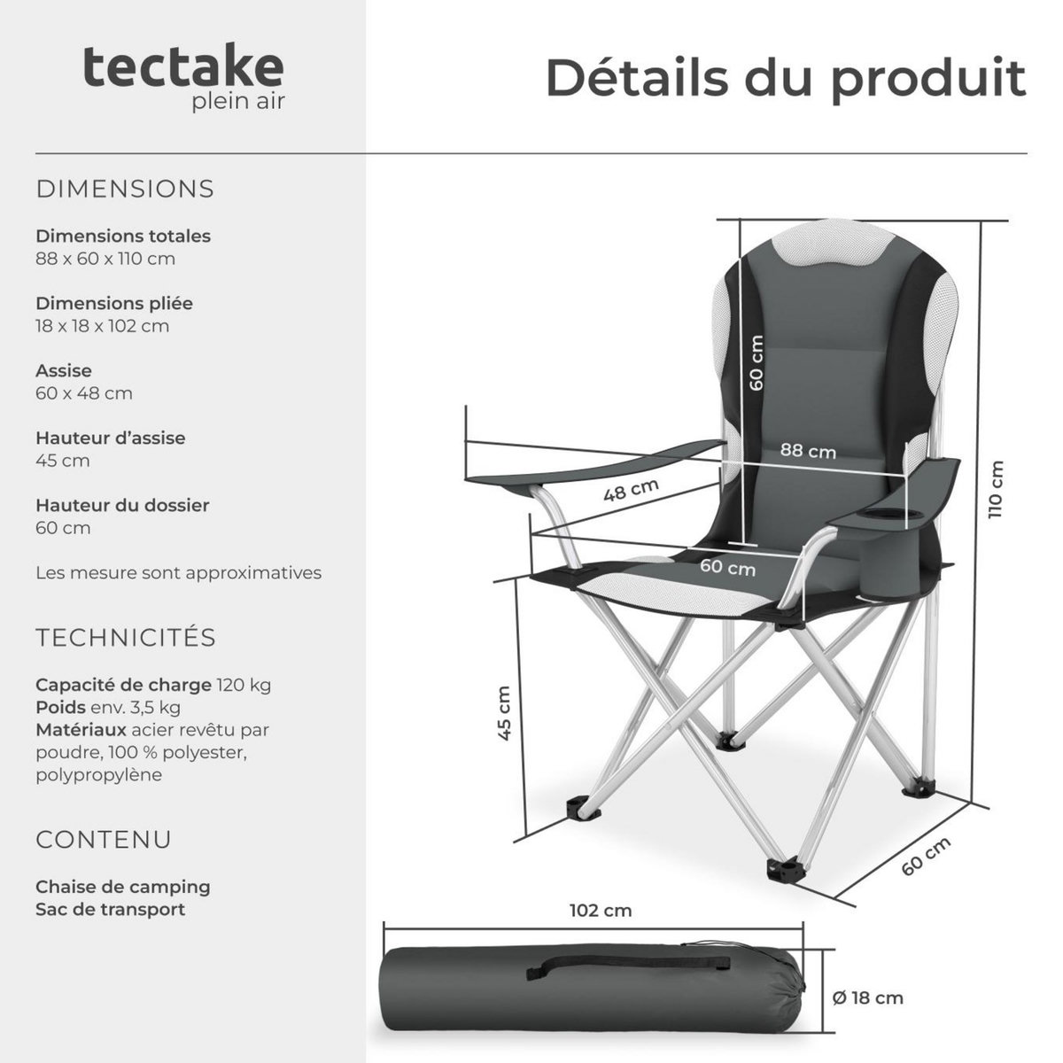 tectake Chaise de camping Pliable, avec Rembourrage gris