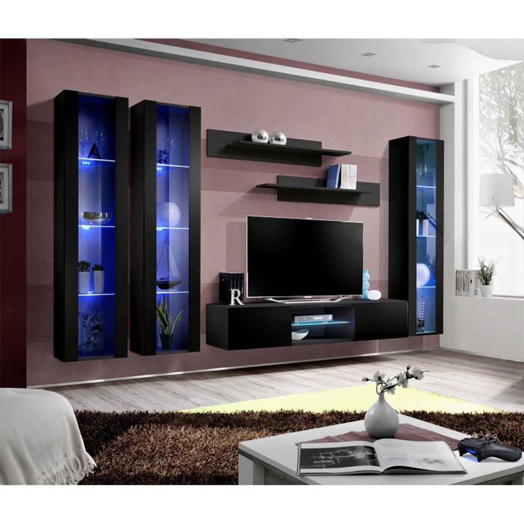 Voir la diapositive 2 : Paris Prix Meuble TV Mural Design  Fly XLIII  310cm Noir