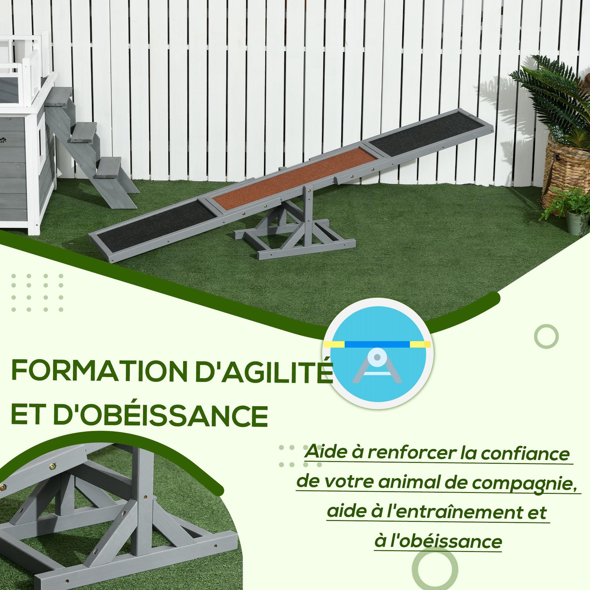 Voir la diapositive 5 : PAWHUT Agility sport pour chien bascule - bascule pour chien - équipement entrainement chien - bois sapin pré-huilé feutre bitumé antidérapant brique gris