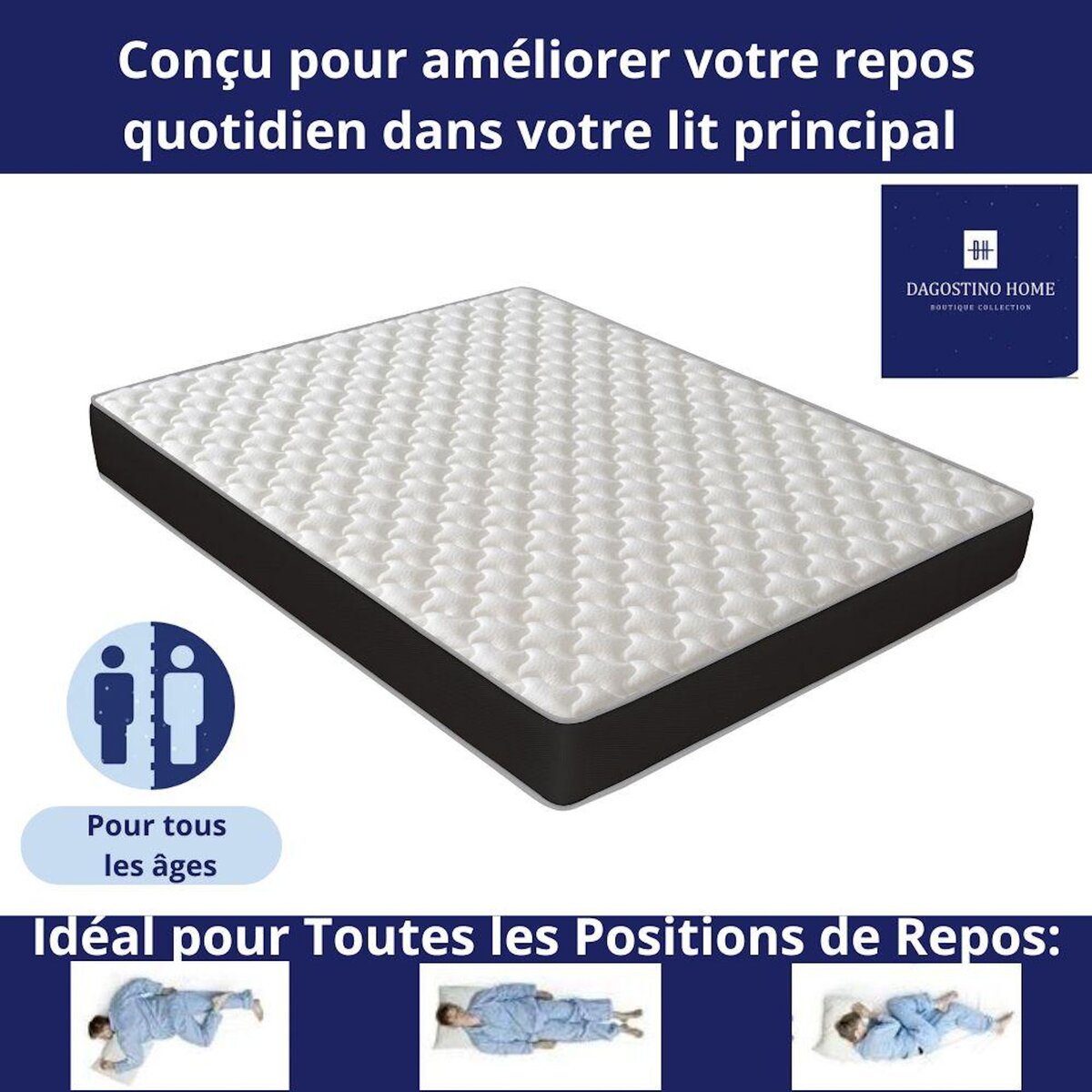 DAGOSTINO HOME Matelas 80x190 | Mousse Luxury HR Ferme, Haute Résilience pour un Soutien Parfait et un Confort Optimal | Matelas 1 Place pour Adulte et Enfant | Indépendance du Couchage | Double Face (Été-Hiver) | Très Respirant | H18