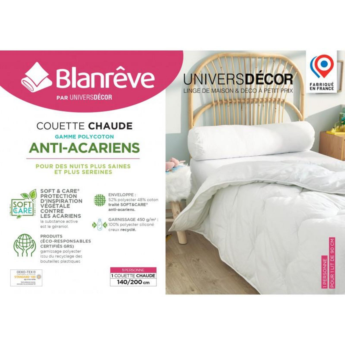 BLANREVE Couette Blanrêve très chaude 140 x 200 cm Gamme  Confort  traité Anti Acarien Soft & care