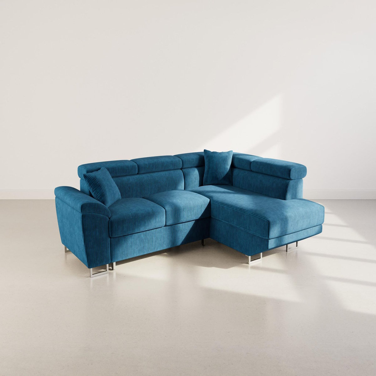 BEST MOBILIER Baoji - canapé d'angle droit 5 places convertible avec têtières et coffre en velours côtelé