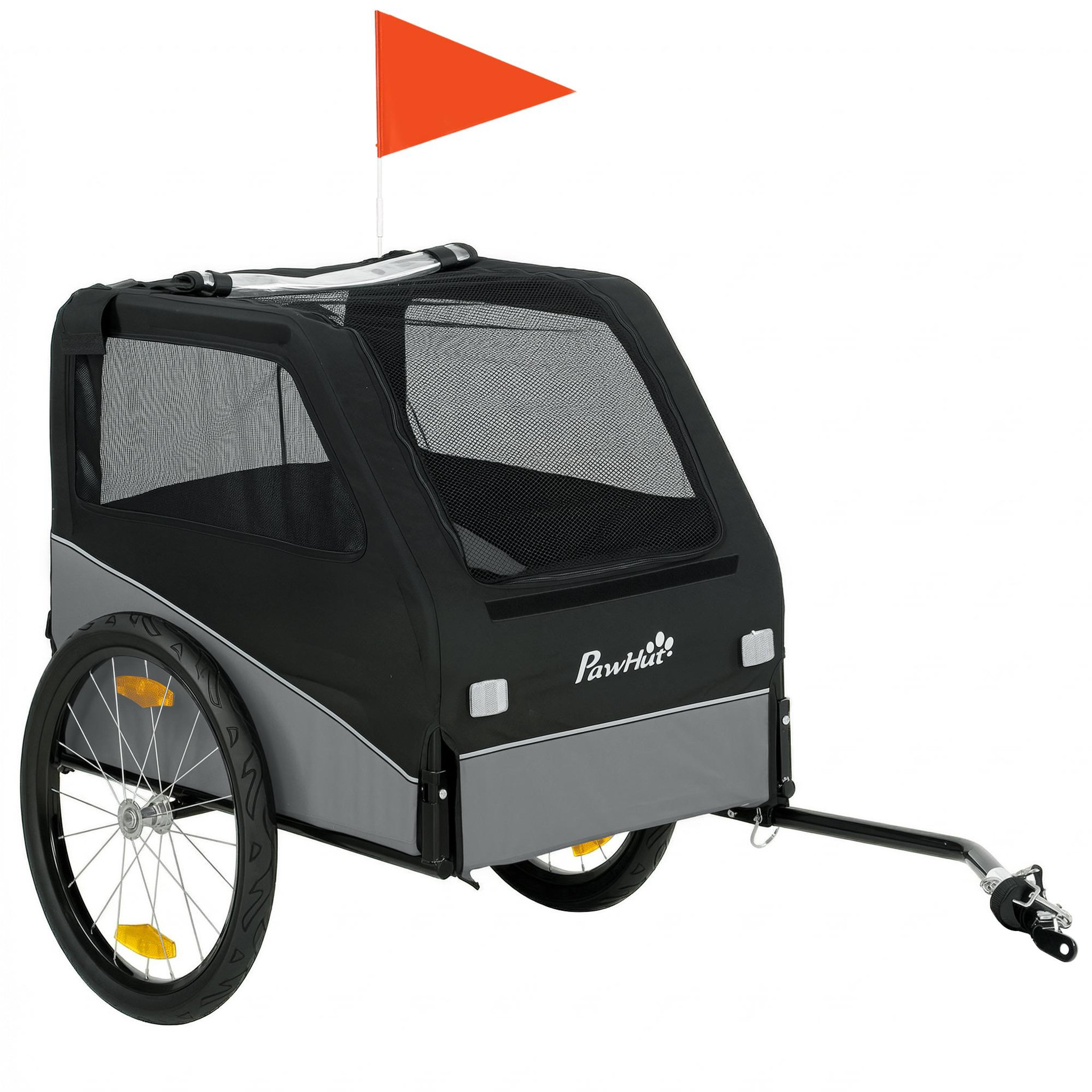 Voir la diapositive 5 : PAWHUT Remorque vélo chien pliable attache universelle pneus 20  réflecteurs drapeau harnais gris