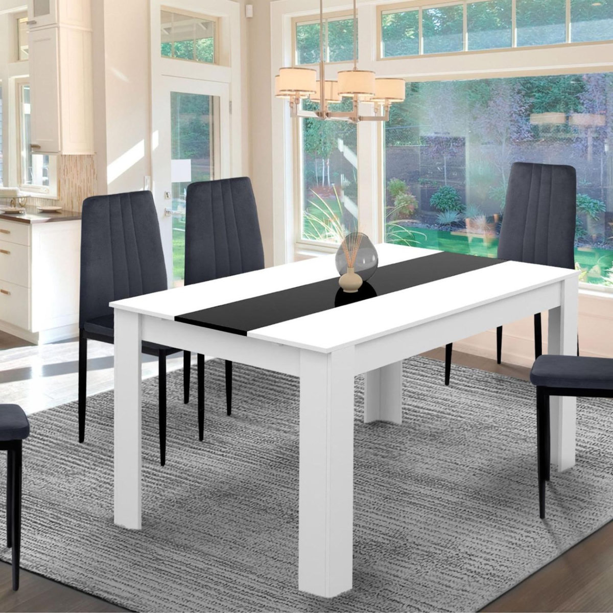 ID MARKET Table à manger extensible rectangle GEORGIA 6-10 personnes blanche et noire 140-220 x 90 cm
