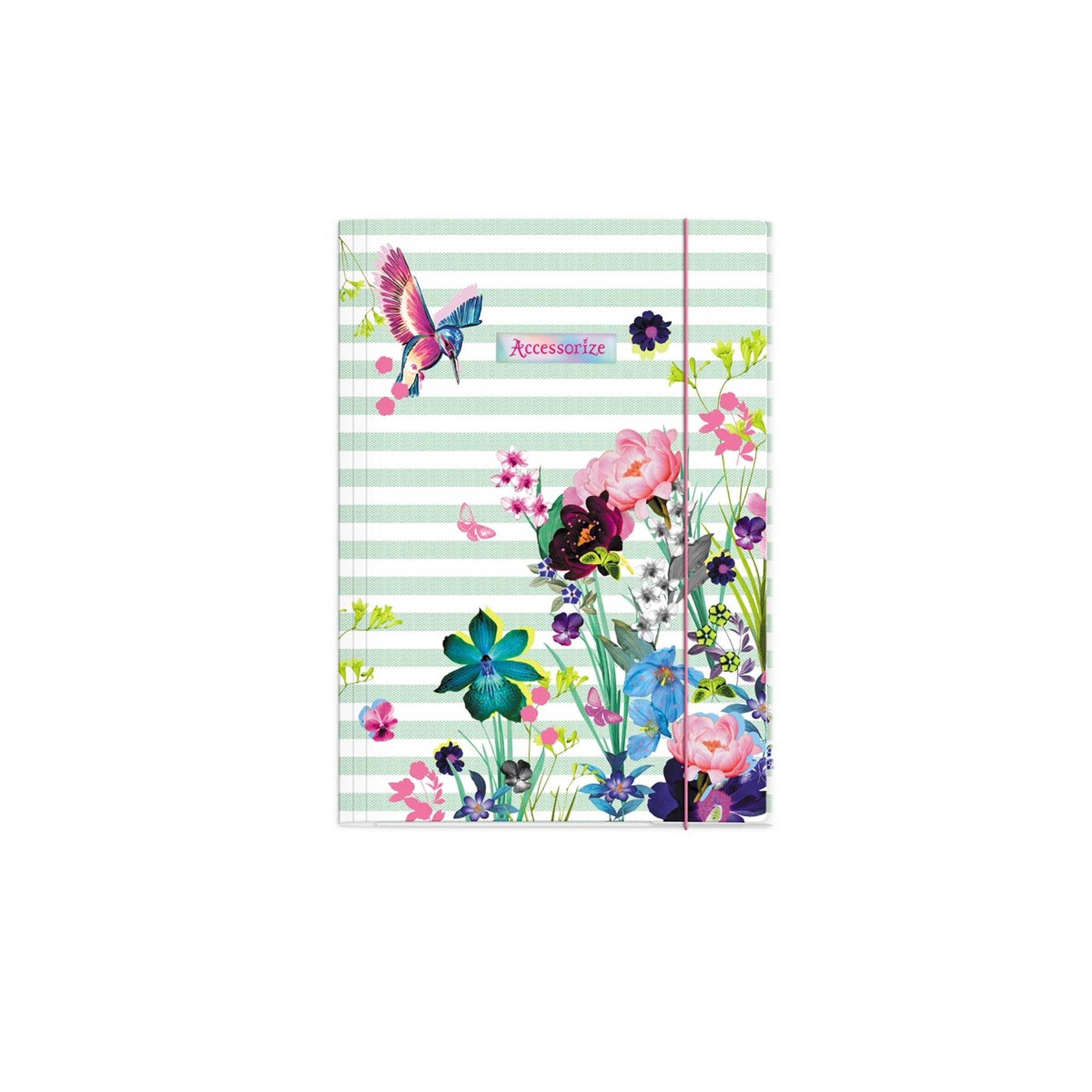 Voir la diapositive 1 :  Chemise cartonnée à élastique Accessorize 35x25cm blanc et vert à rayures et motif floral