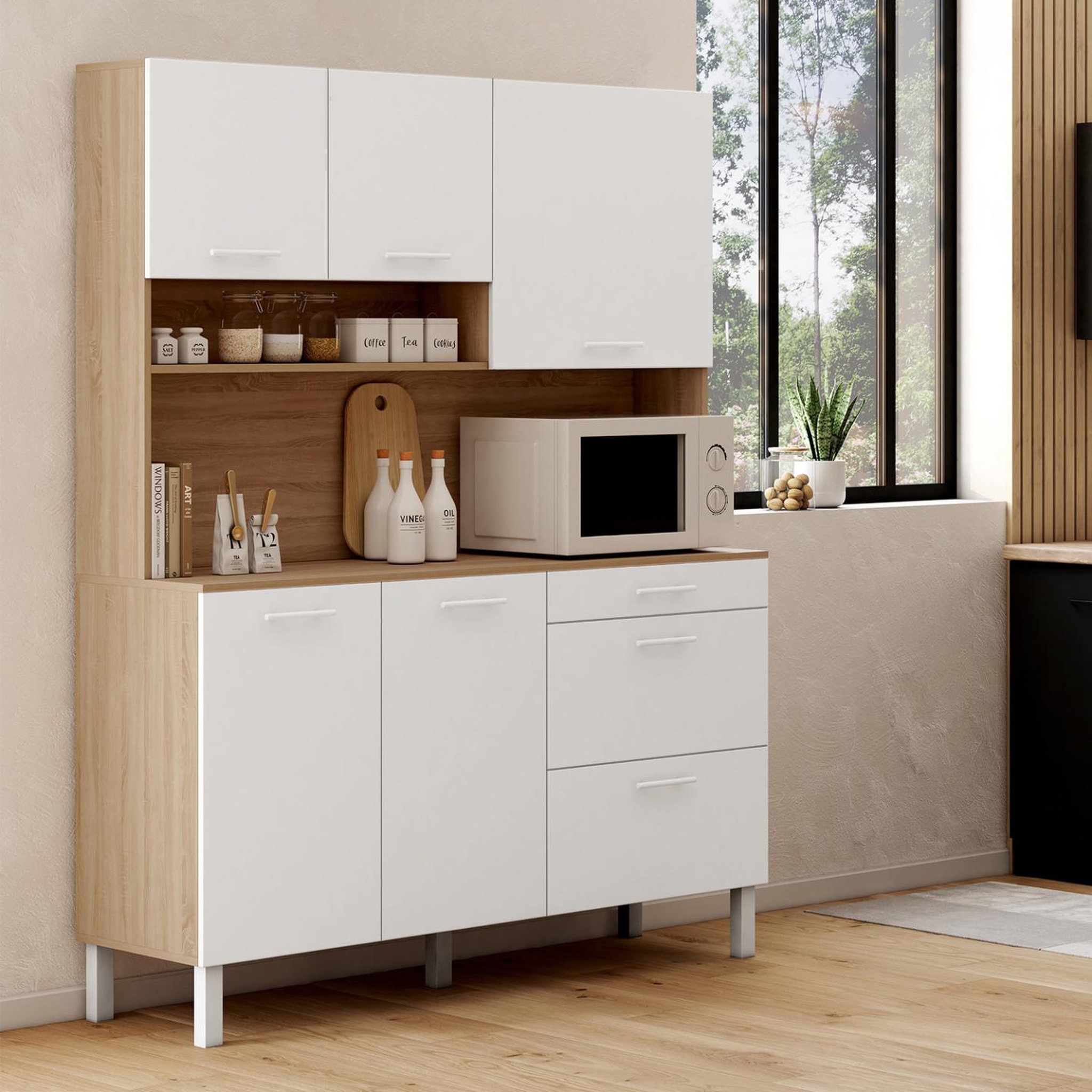 Voir la diapositive 2 : ID MARKET Buffet casserolier de cuisine 140 cm cina 5 portes + 3 tiroirs façon hêtre et blanc