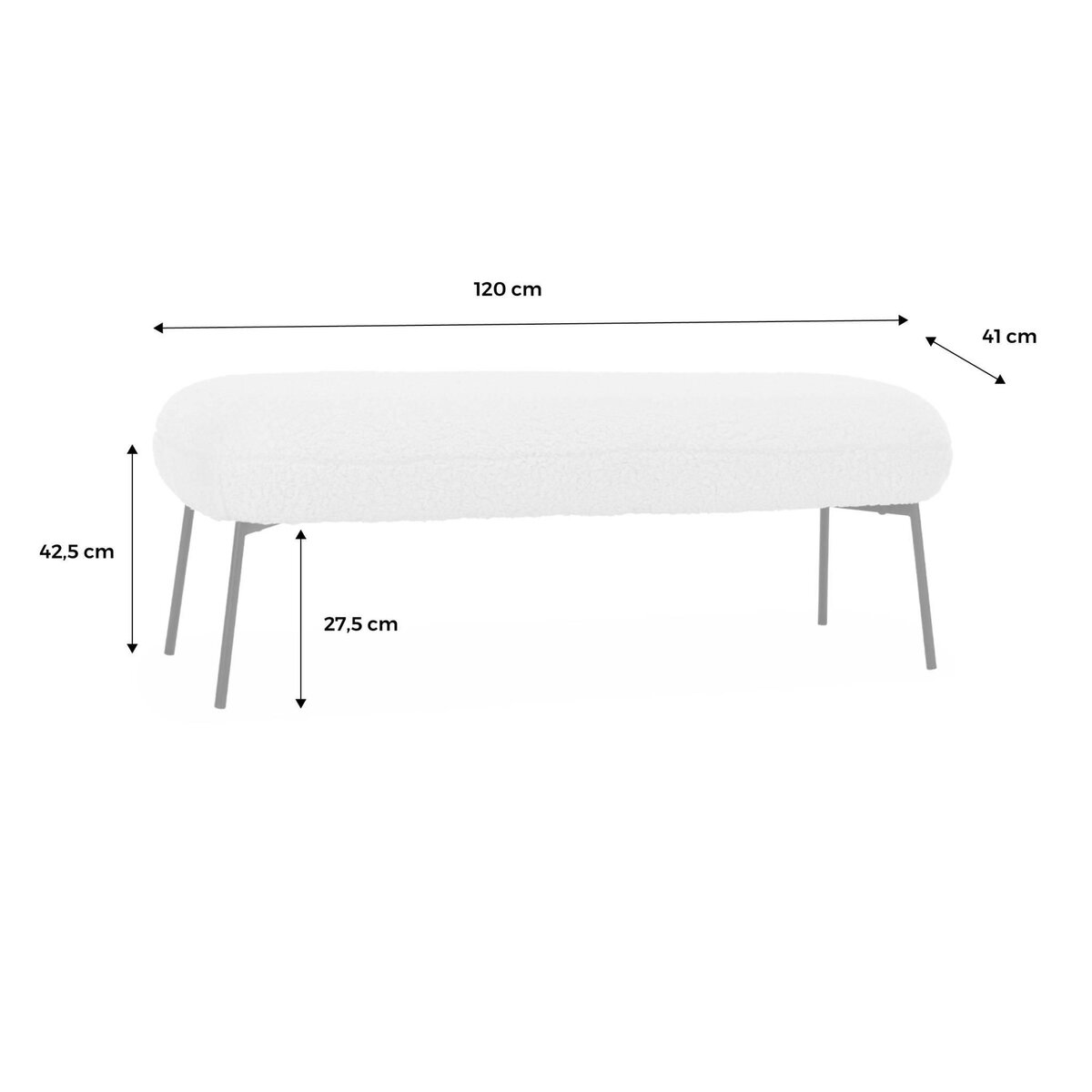 SWEEEK Banc, bout de lit avec revêtement bouclette, pieds en métal noir, L 120 x P 41 x H 42,5 cm