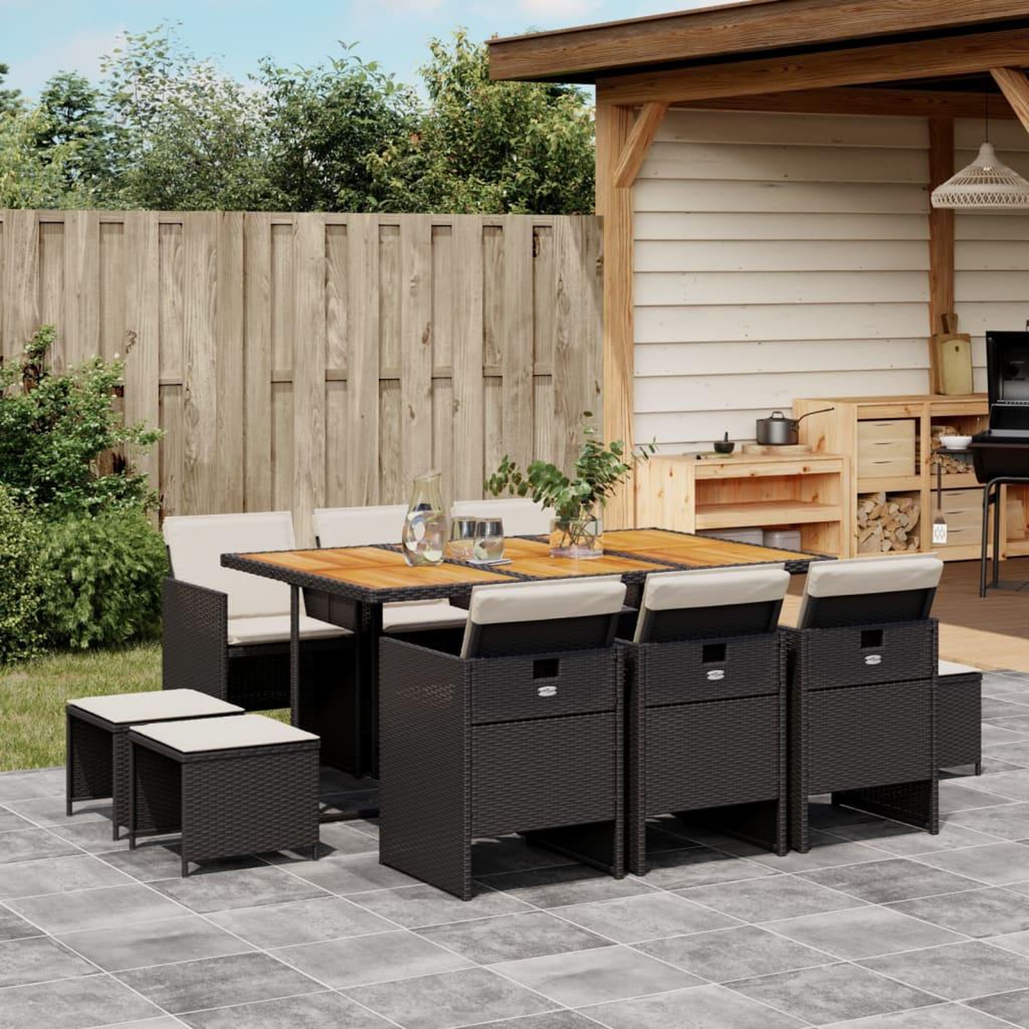 VIDAXL Ensemble a manger de jardin 11 pcs coussins noir resine tressee