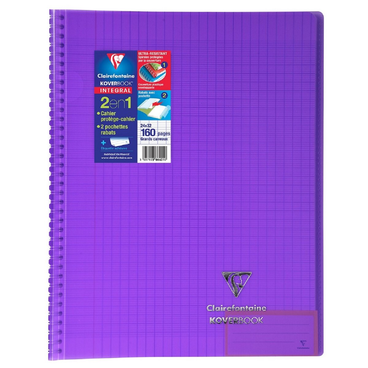 CLAIREFONTAINE Cahier à spirale Koverbook 24x32cm 160 pages grands carreaux  Seyes violet transparent pas cher 