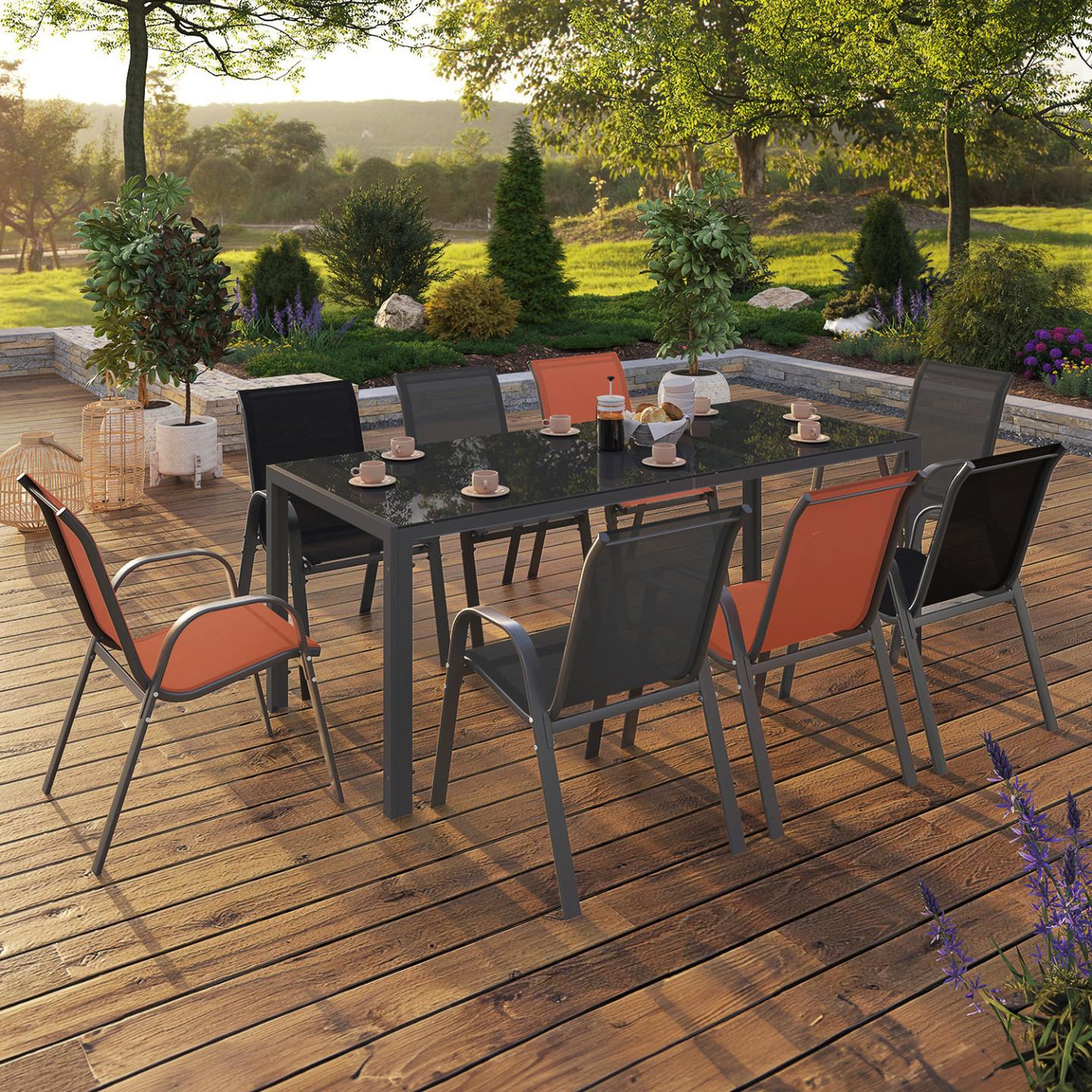 Voir la diapositive 2 : ID MARKET Salon de jardin madrid table 190 cm et 8 chaises empilables mix color gris, noir et terracotta