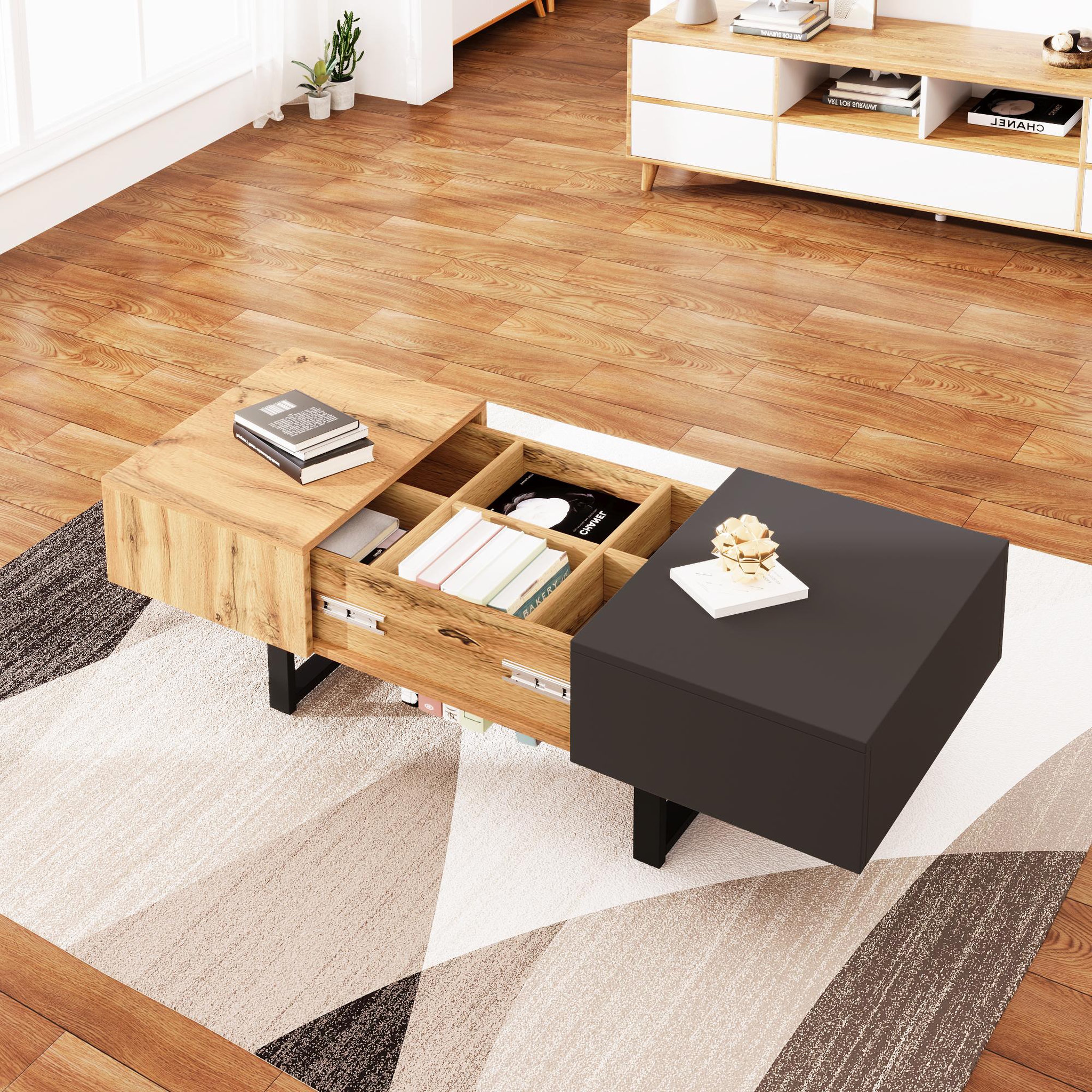 Voir la diapositive 3 : MERAX Table Basse Coulissante Avec Rangement Caché Style Industriel 155 X 55 X 22 Cm