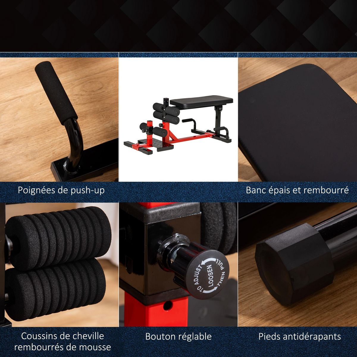 HOMCOM Banc à squat pliable sissy squat machine à squat - appareil de musculation 3 en 1 - hauteur réglable 6 positions - acier synthétique rouge noir