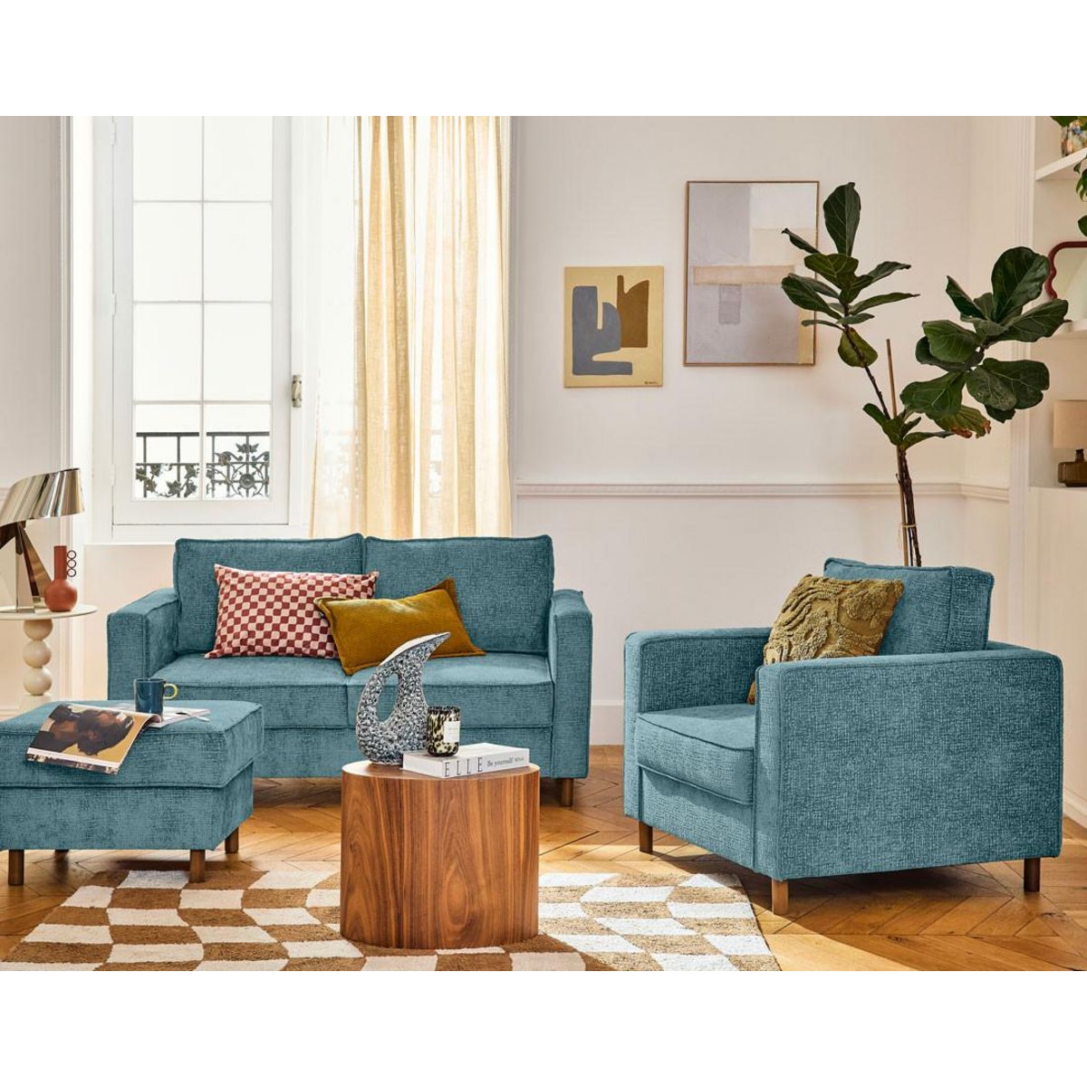 LISA DESIGN Jake - fauteuil en tissu velours relief - pieds en bois foncé