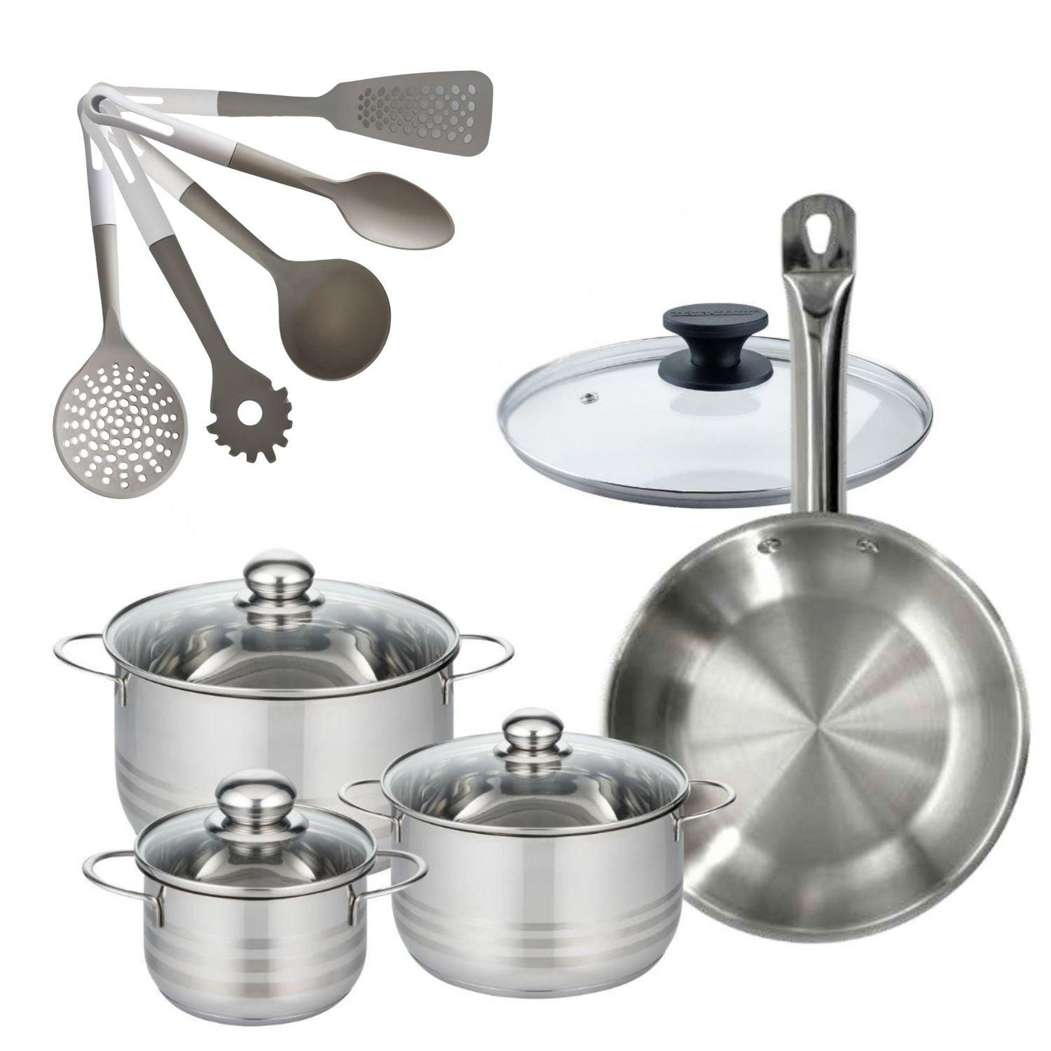 Fackelmann Batterie de cuisine avec 3 faitouts 16/20/24 cm et 1 poêle 28 cm avec 6 ustensiles de cuisine fackelmann etherna brillant vario avec couvercles