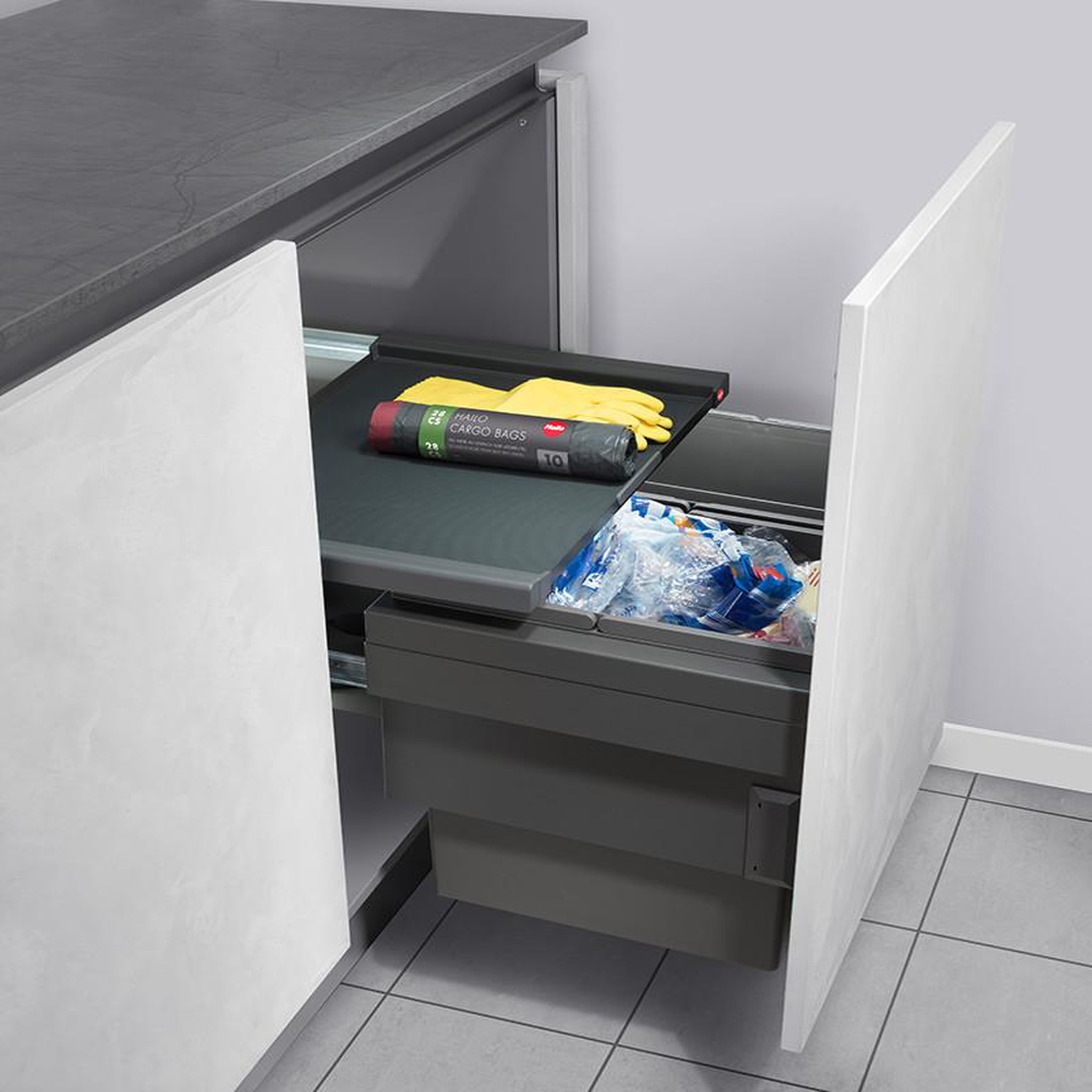 Voir la diapositive 3 : HAILO Poubelle de cuisine tri sélectif 2 bacs encastrable 56l (28+28) hailo cargo synchro