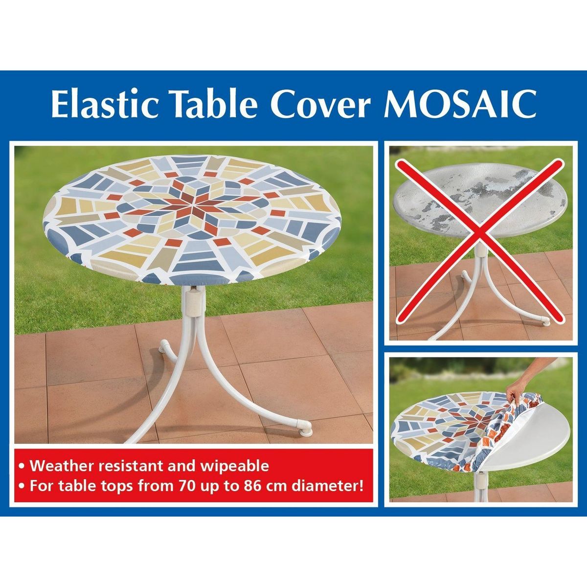 Wenko Housse de table élastique Mosaïque - Modèle L - Bleu, Vert et Rouge