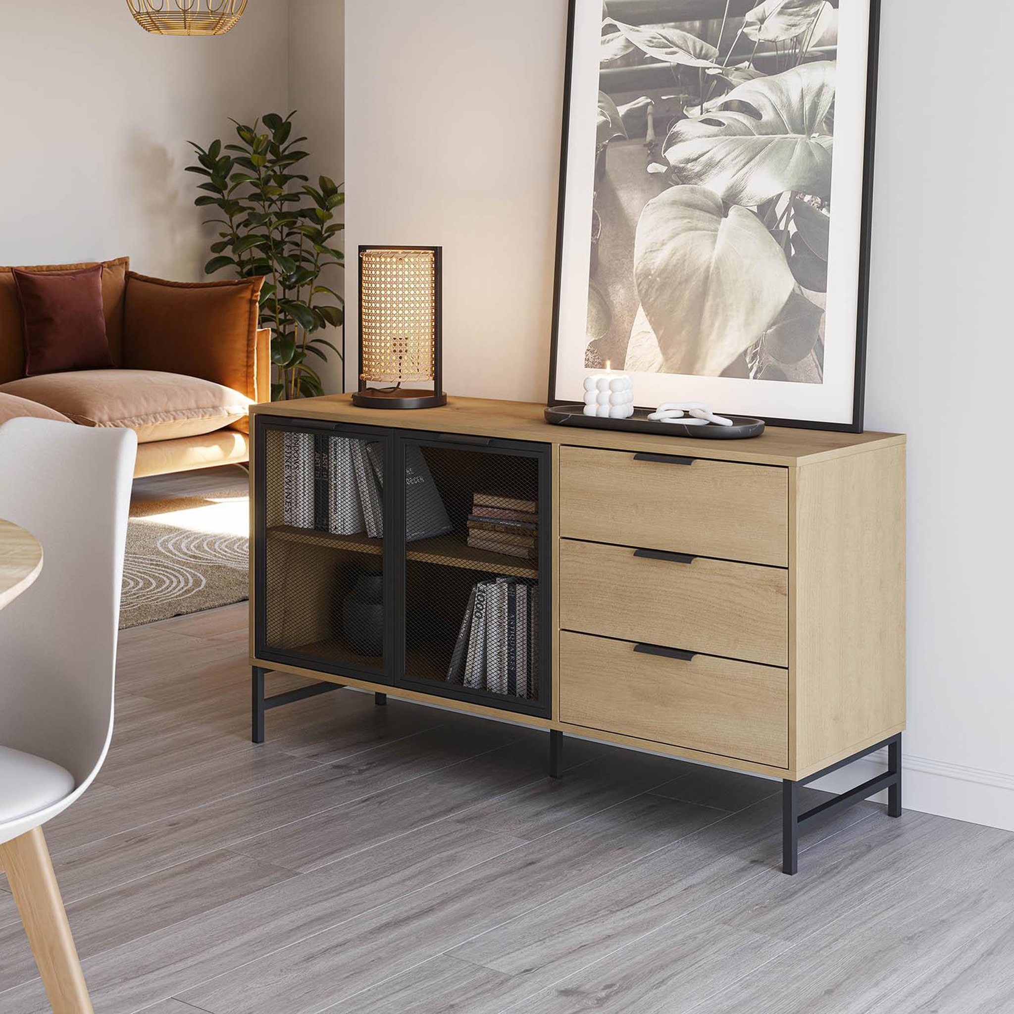 Voir la diapositive 2 : VS VENTA-STOCK Buffet Isis 2 portes en métal noir et 3 tiroirs, 130 cm