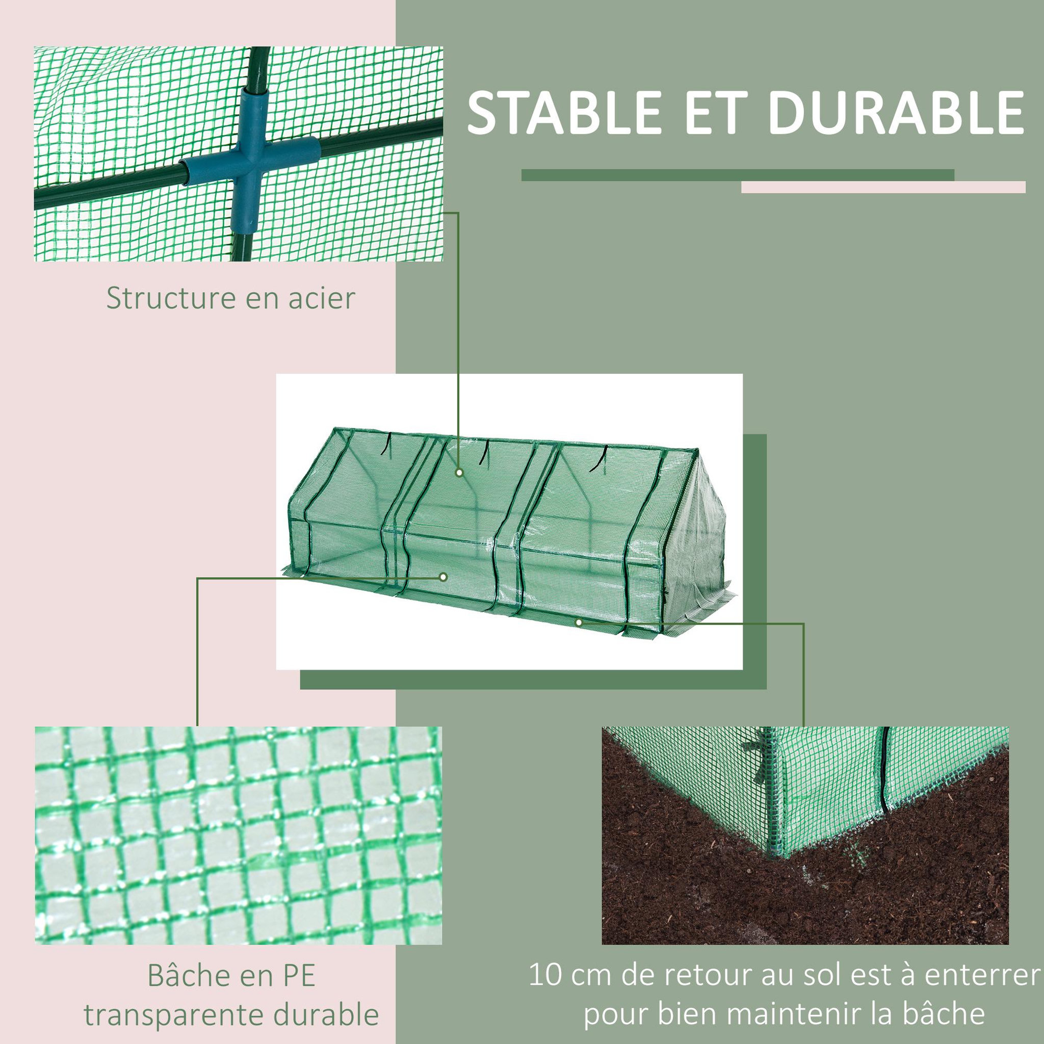 Voir la diapositive 5 : HOMCOM Mini serre de jardin 270L x 90l x 90H cm acier PE haute densité 140 g/m² anti-UV 3 fenêtres avec zip enroulables vert