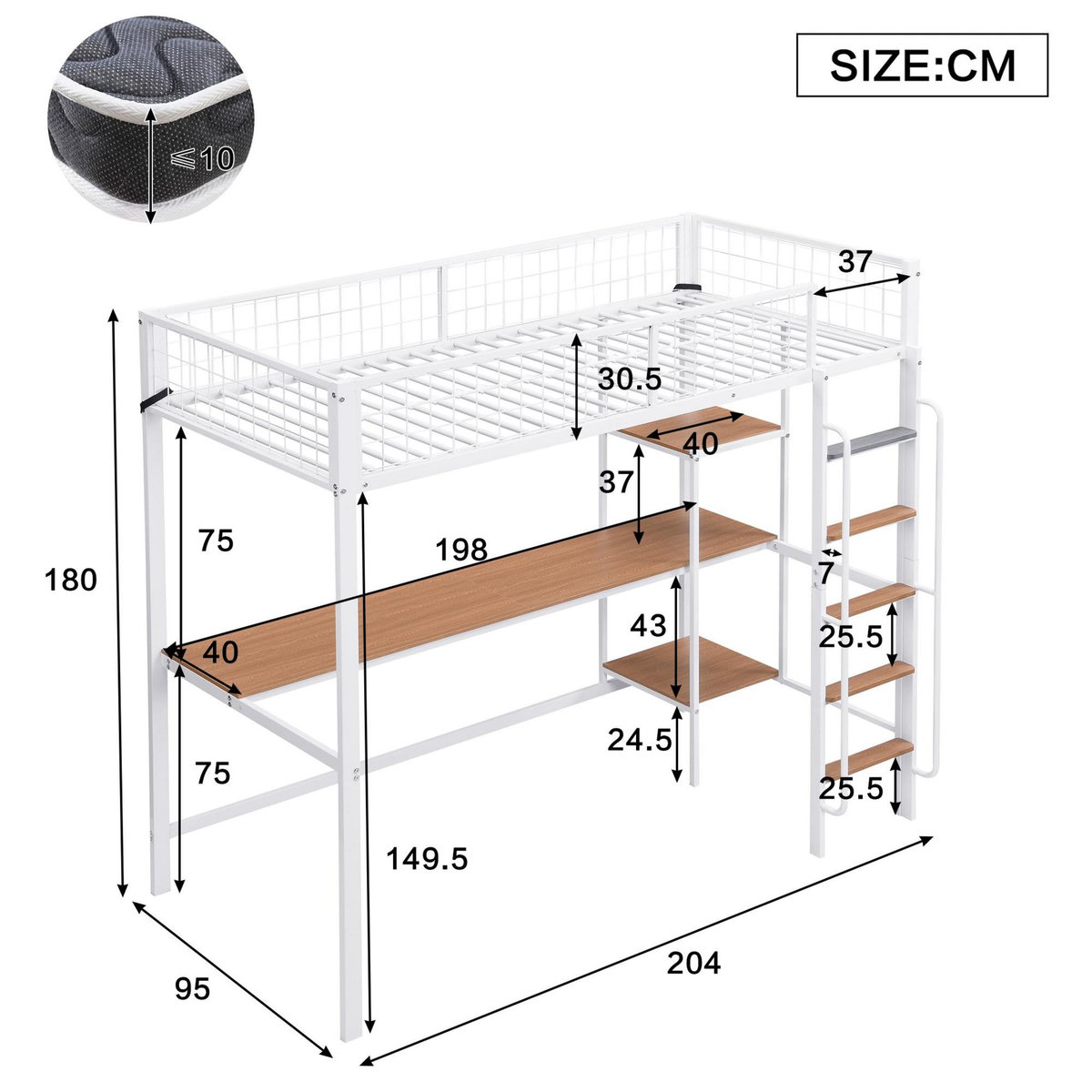 MERAX Lit mezzanine 90x200cm métal et bois coloris blanc