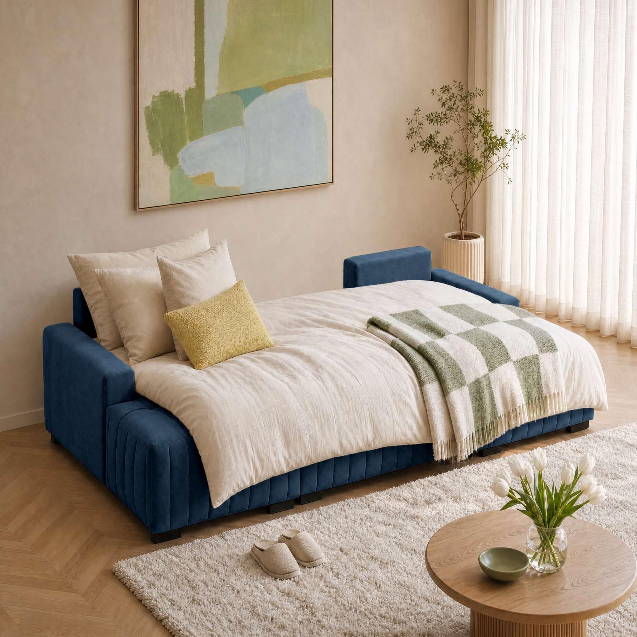Voir la diapositive 2 : BEST MOBILIER Lazare - canapé panoramique en u 7 places convertible avec coffre en velours