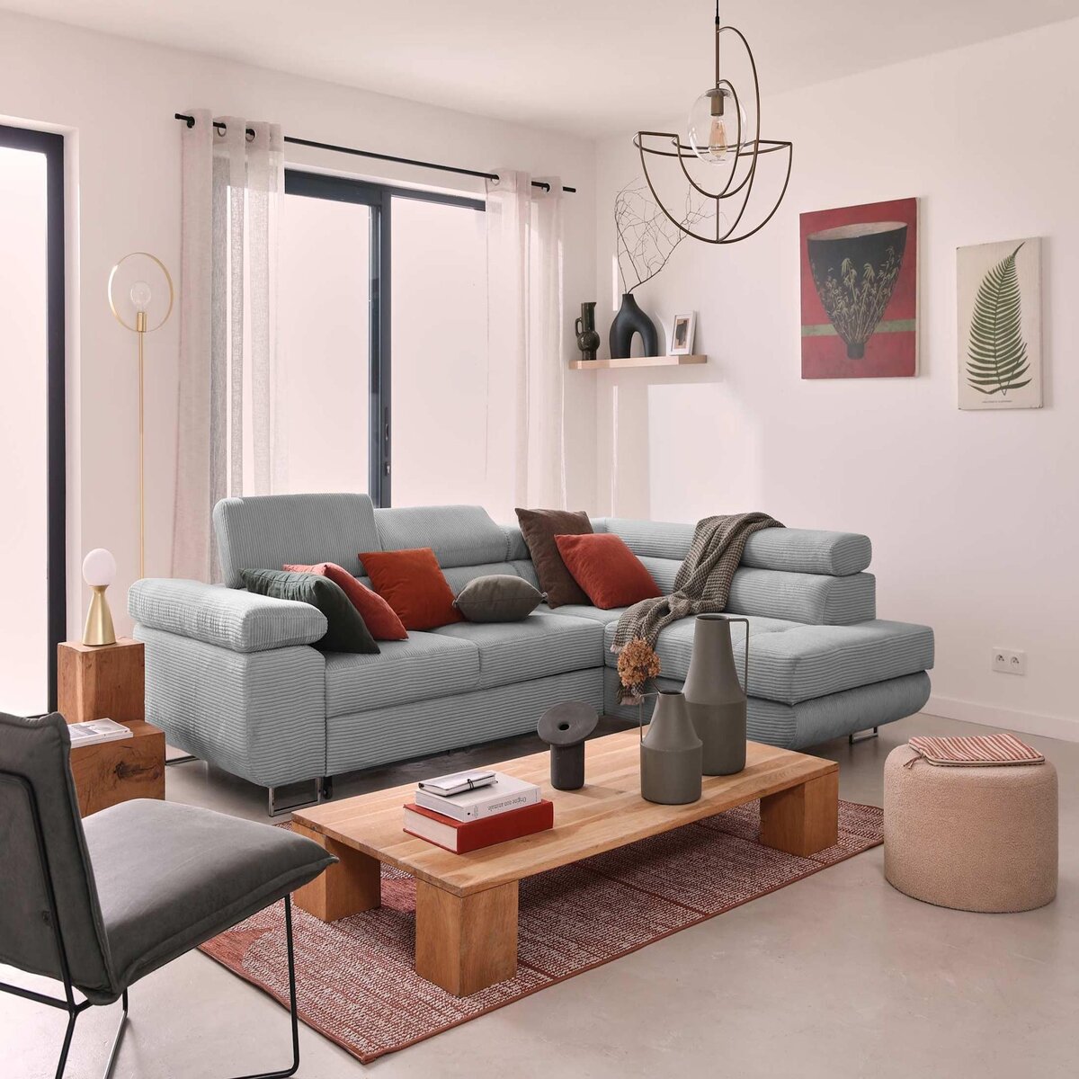 BEST MOBILIER Zaria - canapé d'angle droit - convertible avec coffre et têtières réglables - 5 places - en velours côtelé