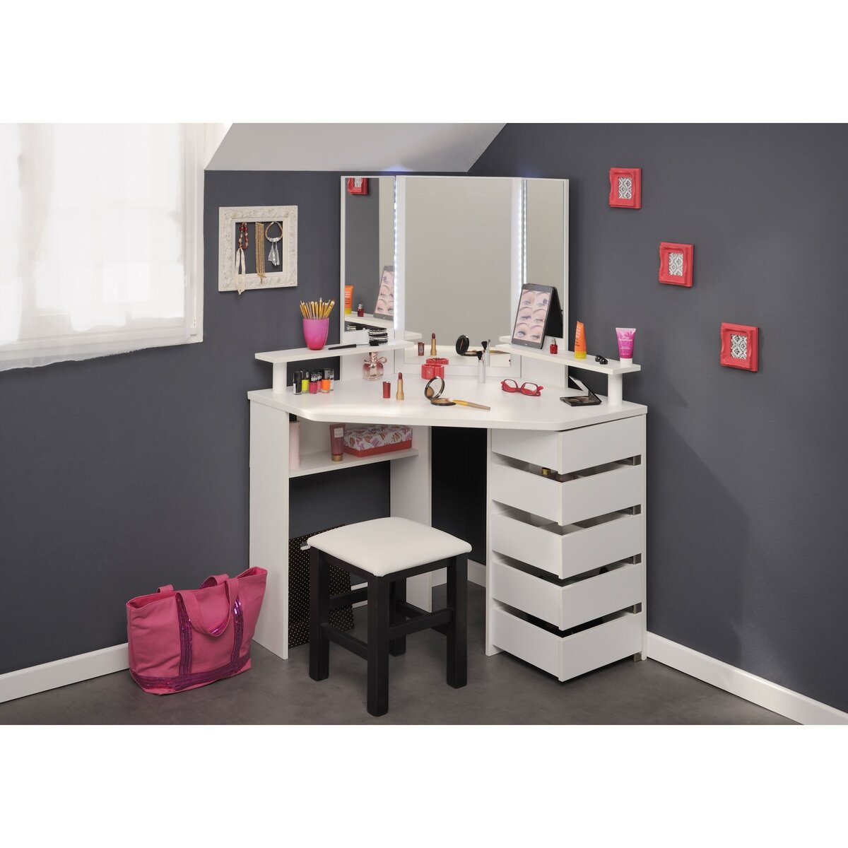 Coiffeuse d'angle avec LED 3 miroirs 5 tiroirs pivotants GIRLY