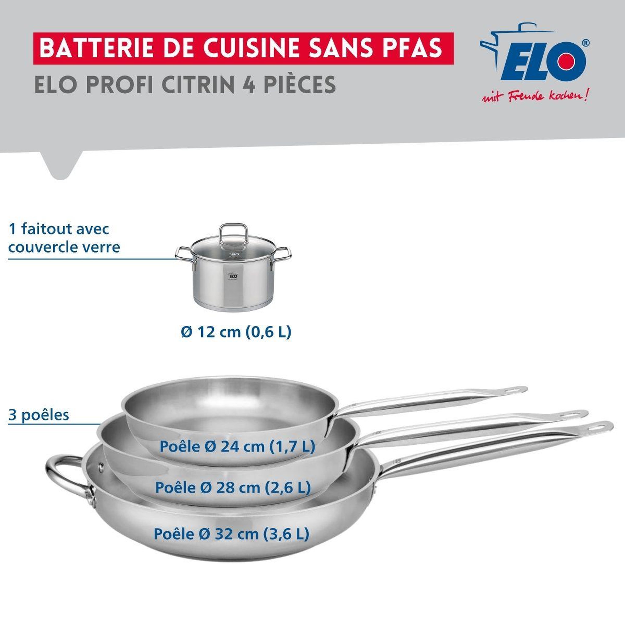 Voir la diapositive 2 : ELO Ensemble de 3 poêles de cuisson 24, 28 et 32 cm et 1 faitout 12 cm elo profi citrin