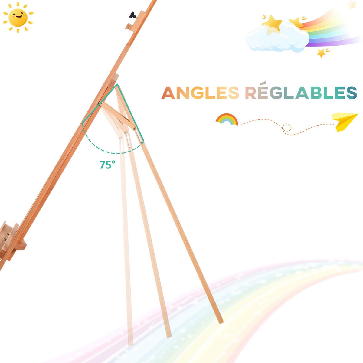 HOMCOM Chevalet d'artiste sur pieds inclinaison et hauteur réglable dim. 65L x 68l x 174-230H cm bois de hêtre clair