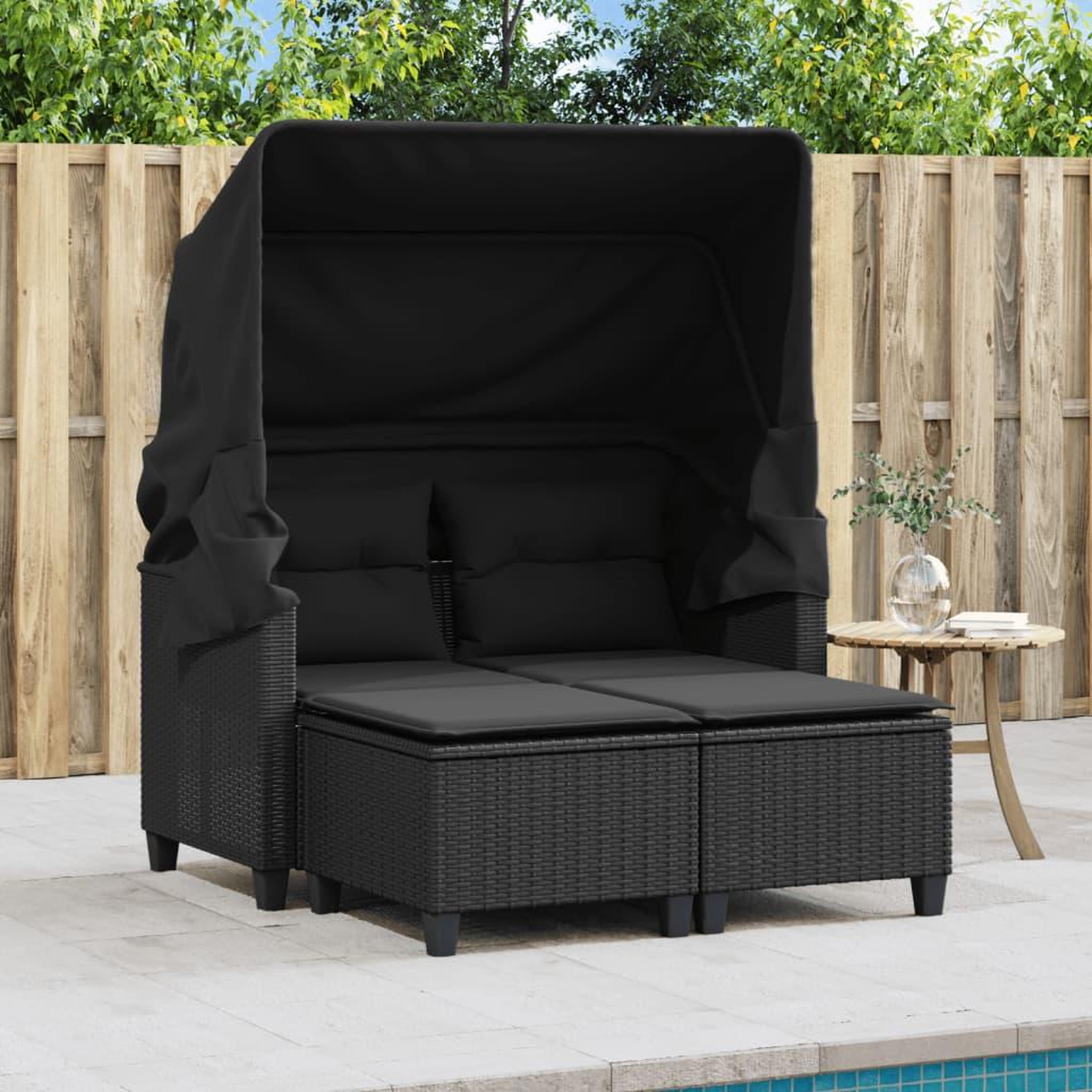 Voir la diapositive 3 : VIDAXL Canape de jardin 2 places avec auvent et tabourets noir rotin