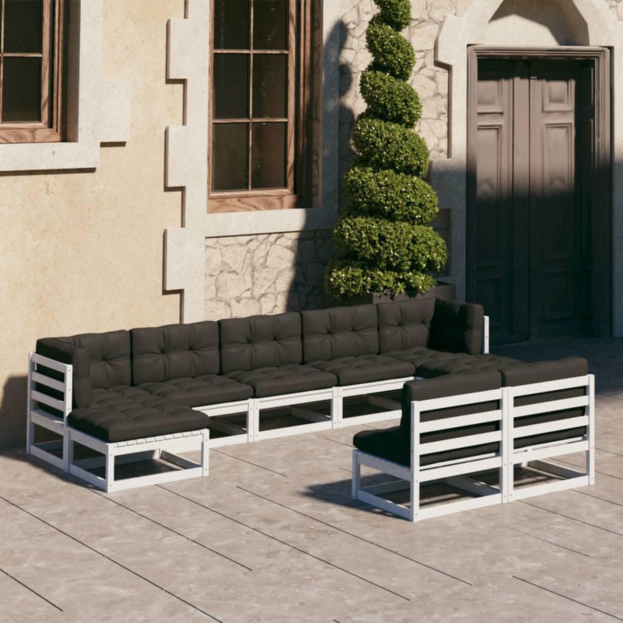 Voir la diapositive 1 : VIDAXL Salon de jardin 9 pcs avec coussins Blanc Bois de pin massif