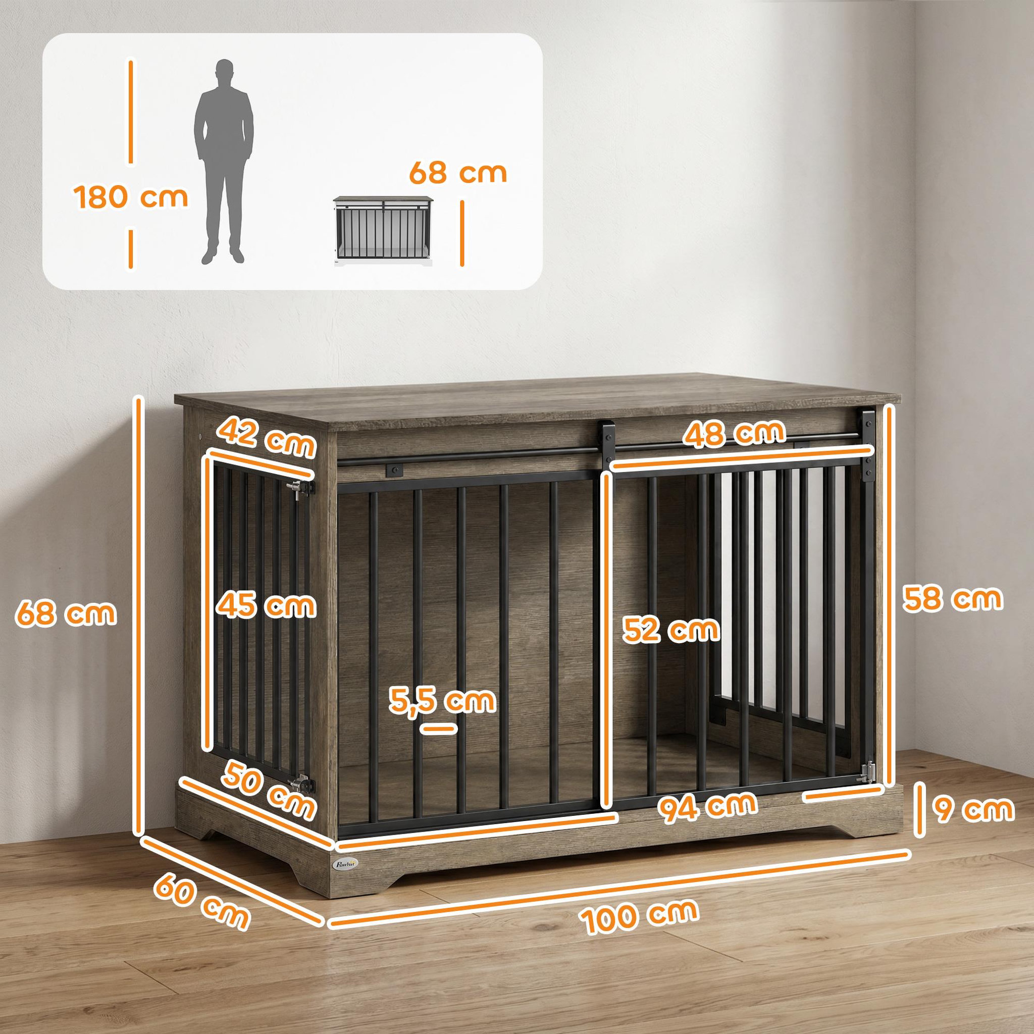 Voir la diapositive 3 : PAWHUT Cage chien design bois métal 100 x 60 x 68 cm porte coulissante et battante