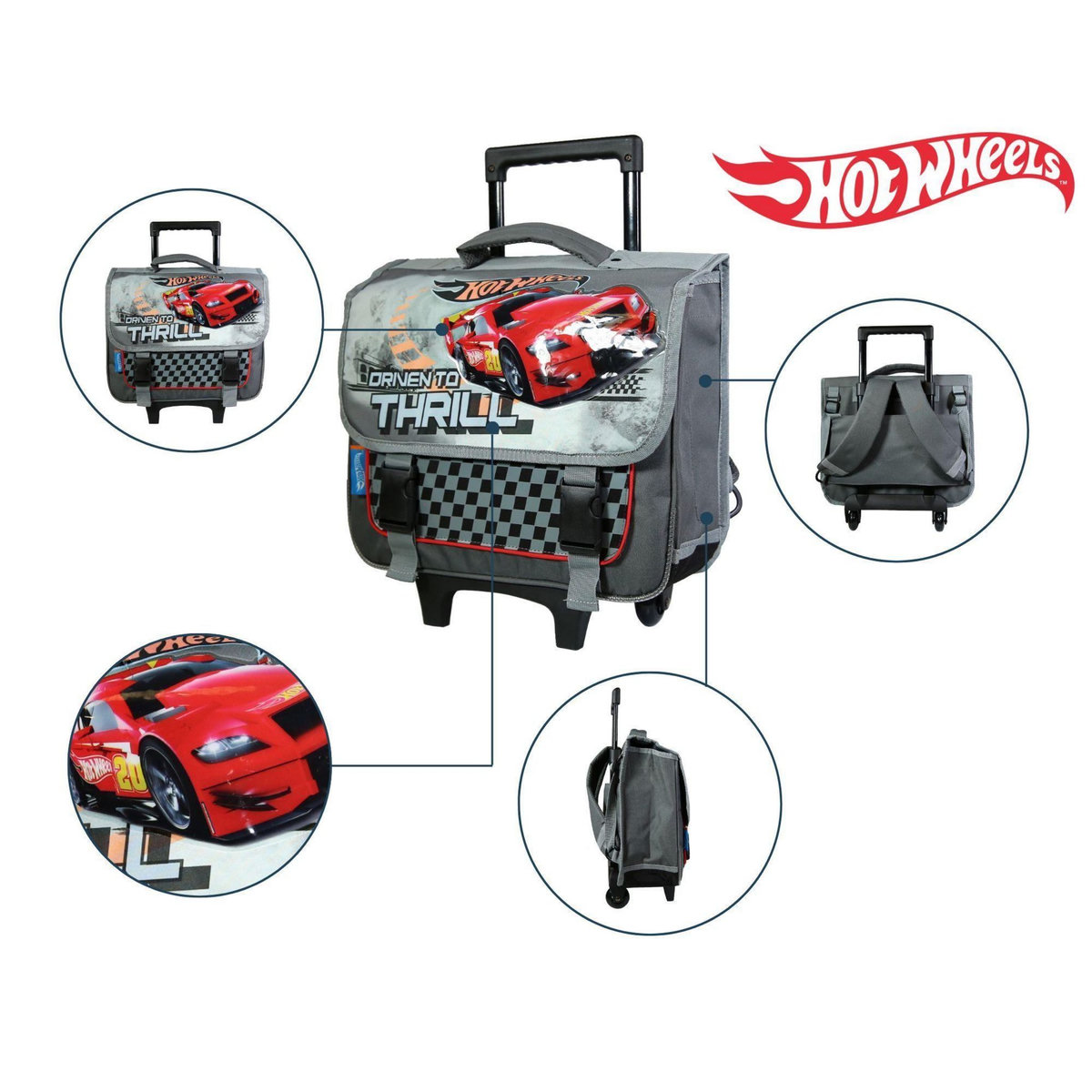 Bagtrotter BAGTROTTER Cartable à roulettes 38 cm Hot Wheels voitures Gris