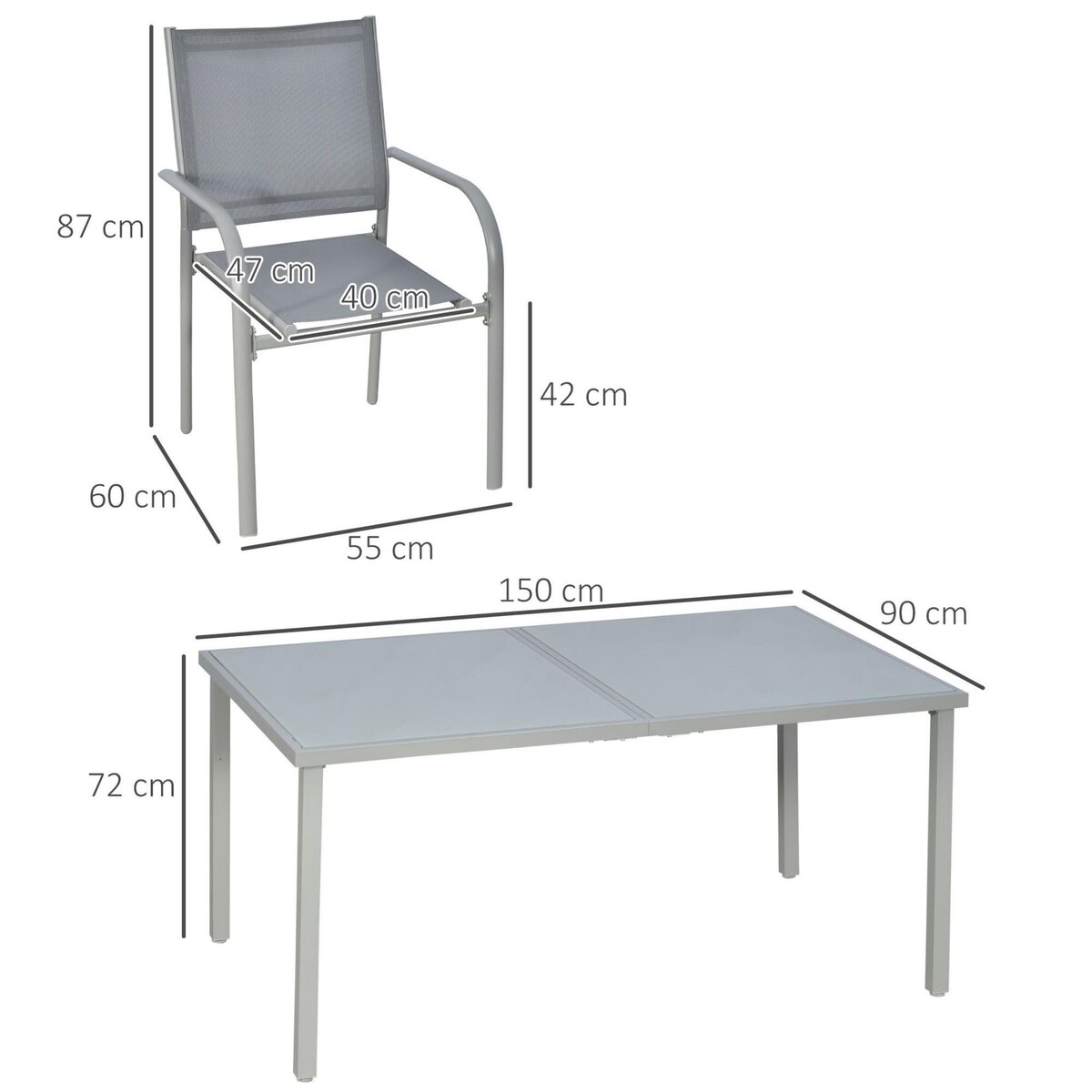 OUTSUNNY Ensemble de jardin 6 personnes chaises empilables table à manger dim. 150L x 90l x 72H cm plateau verre acier époxy textilène gris
