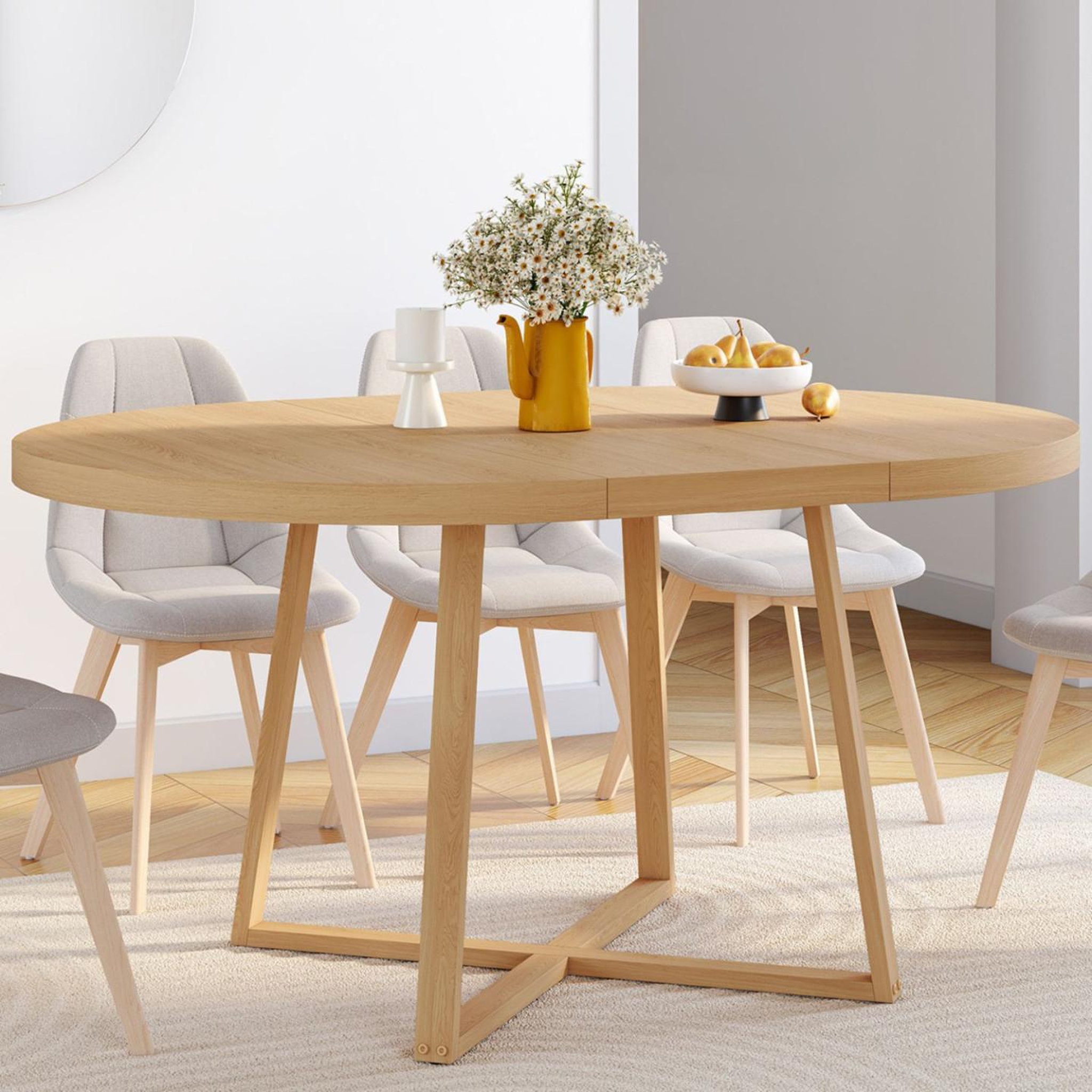 Voir la diapositive 2 : ID MARKET Table à manger extensible ronde selma 4-8 personnes bois effet hêtre 110-150 cm