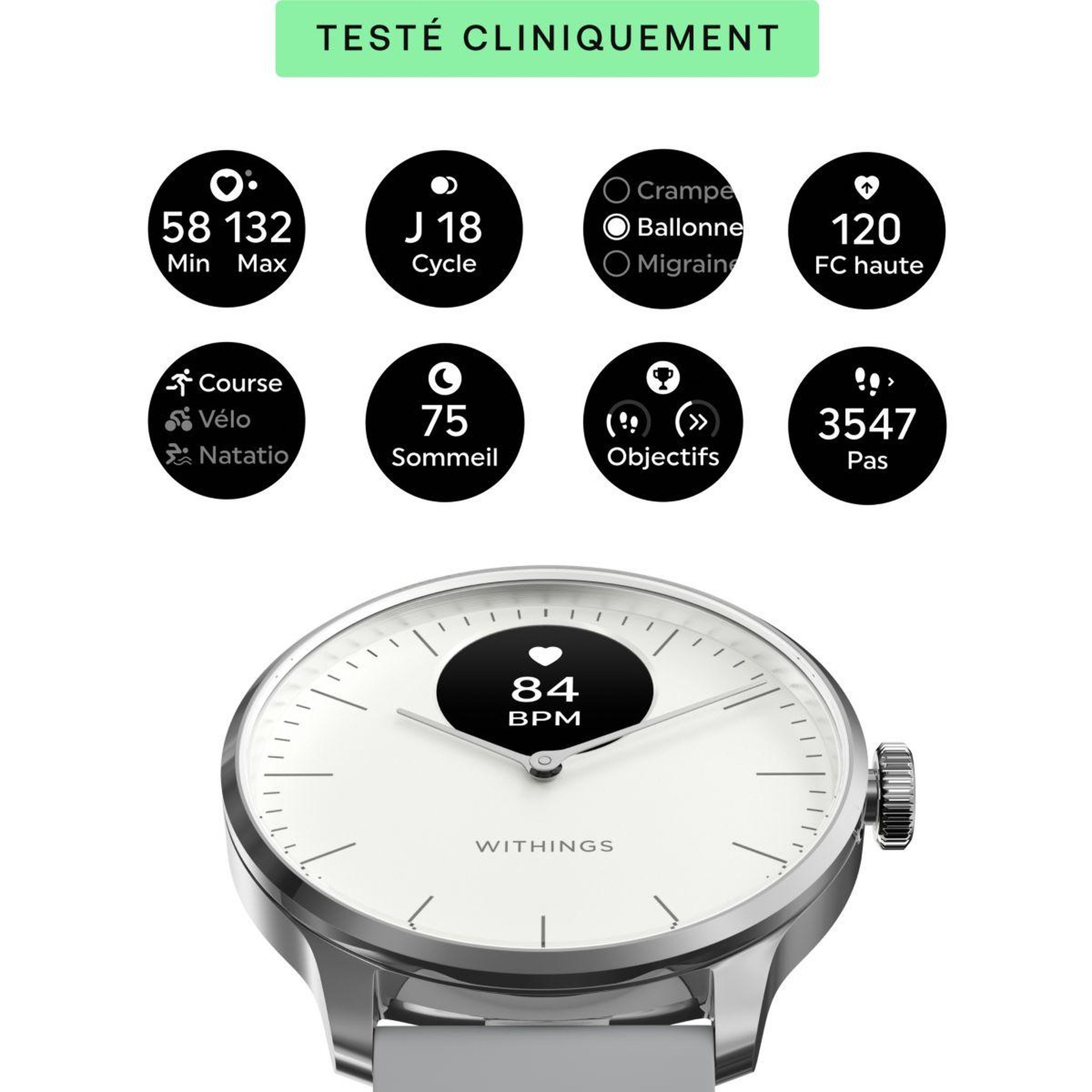 Voir la diapositive 3 : WITHINGS Montre santé scanwatch light blanche