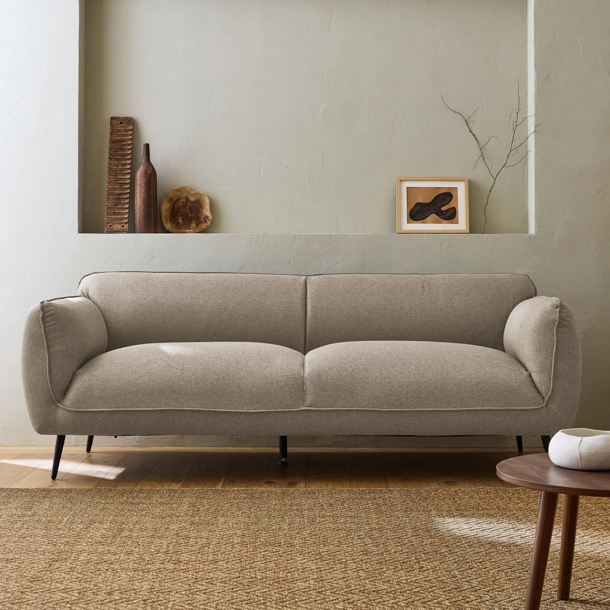 SWEEEK Canapé 3 places tissu beige et pieds métal noir