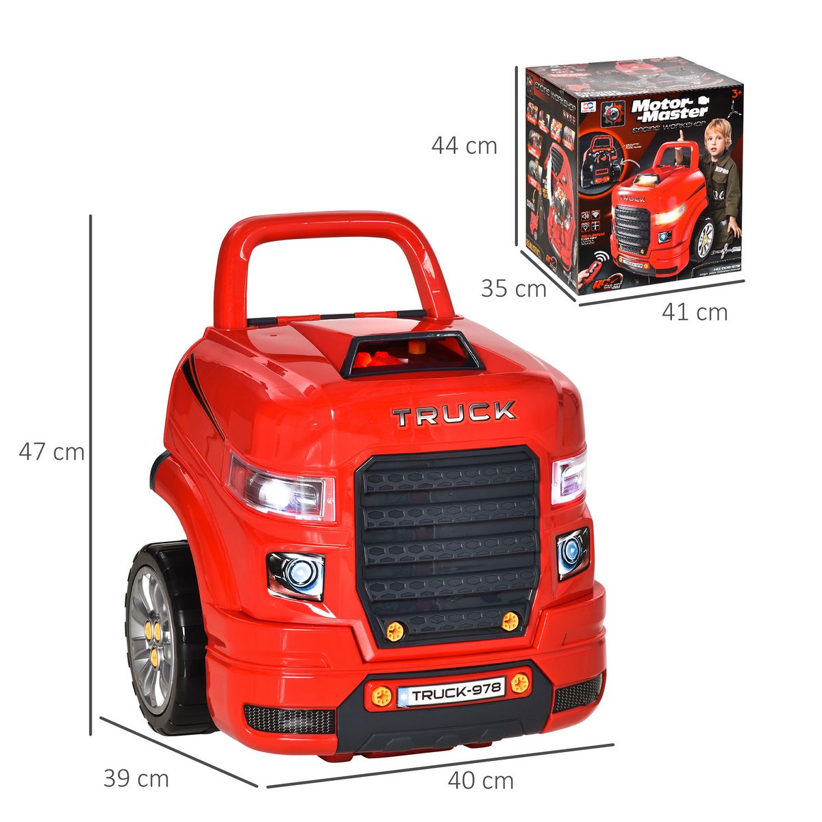 HOMCOM Camion mécano 2 en 1 - jouet bricolage enfant - jeu d'imitation mécanicien - nombreux accessoires total de 61 pièces - effets sonores et lumineux - PP ABS rouge