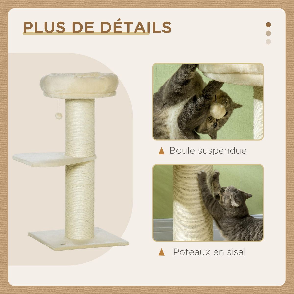 PAWHUT Arbre à chat griffoir sisal naturel 2 plateforme panier observation jeu boule suspendue peluche beige