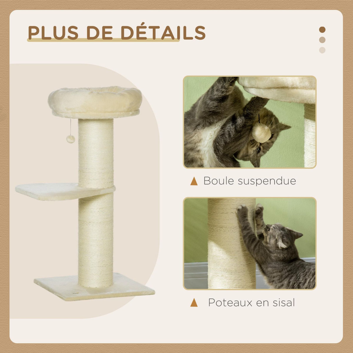PAWHUT Arbre à chat griffoir sisal naturel 2 plateforme panier observation jeu boule suspendue peluche beige