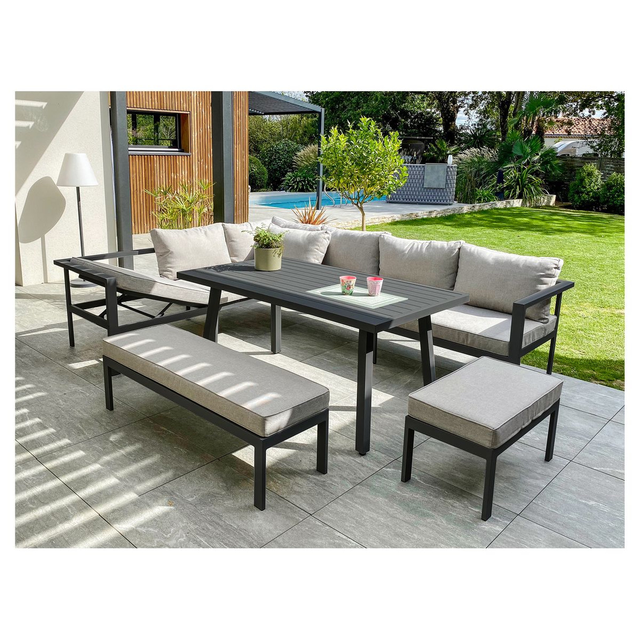 DCB GARDEN Salon de jardin 9 personnes en aluminium anthracite ANTALYA
