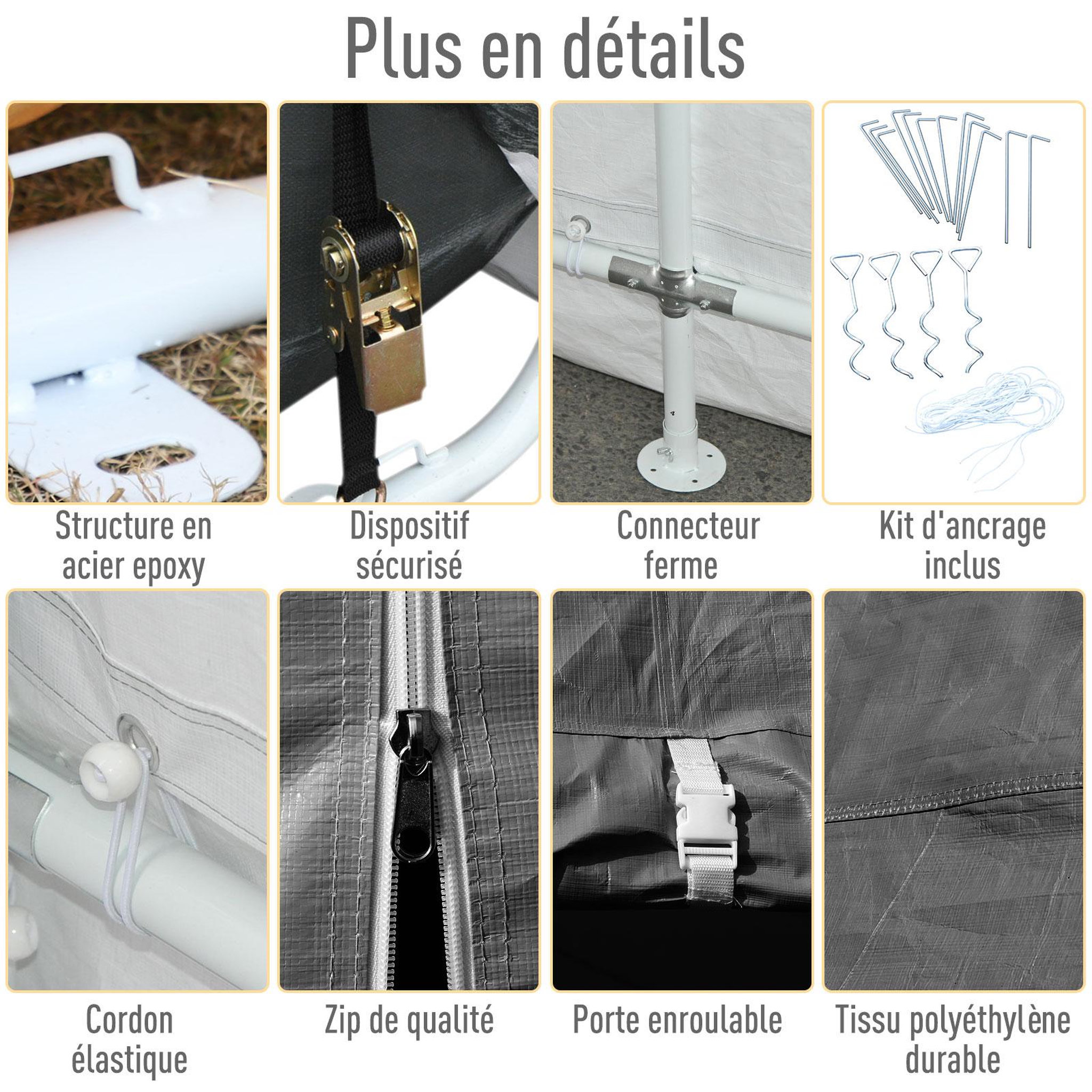 Voir la diapositive 6 : OUTSUNNY Tente garage carport dim. 6L x 3,6l x 2,75H m acier galvanisé robuste PE haute densité 195 g/m² imperméable anti-UV blanc gris
