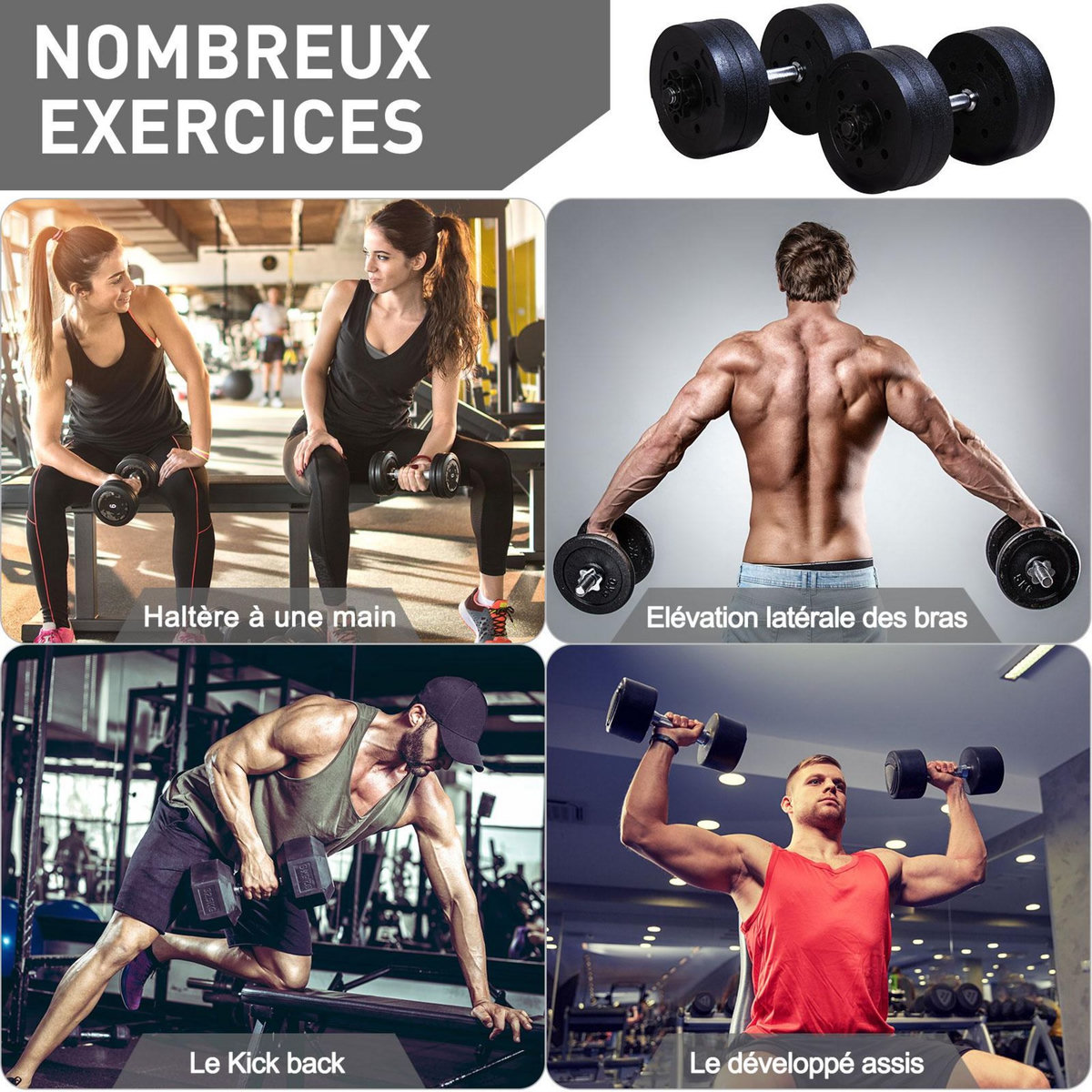 HOMCOM Ensemble d'haltères courtes total 20 Kg - barres incluses - entraînement musculaire & haltérophilie - acier HDPE noir