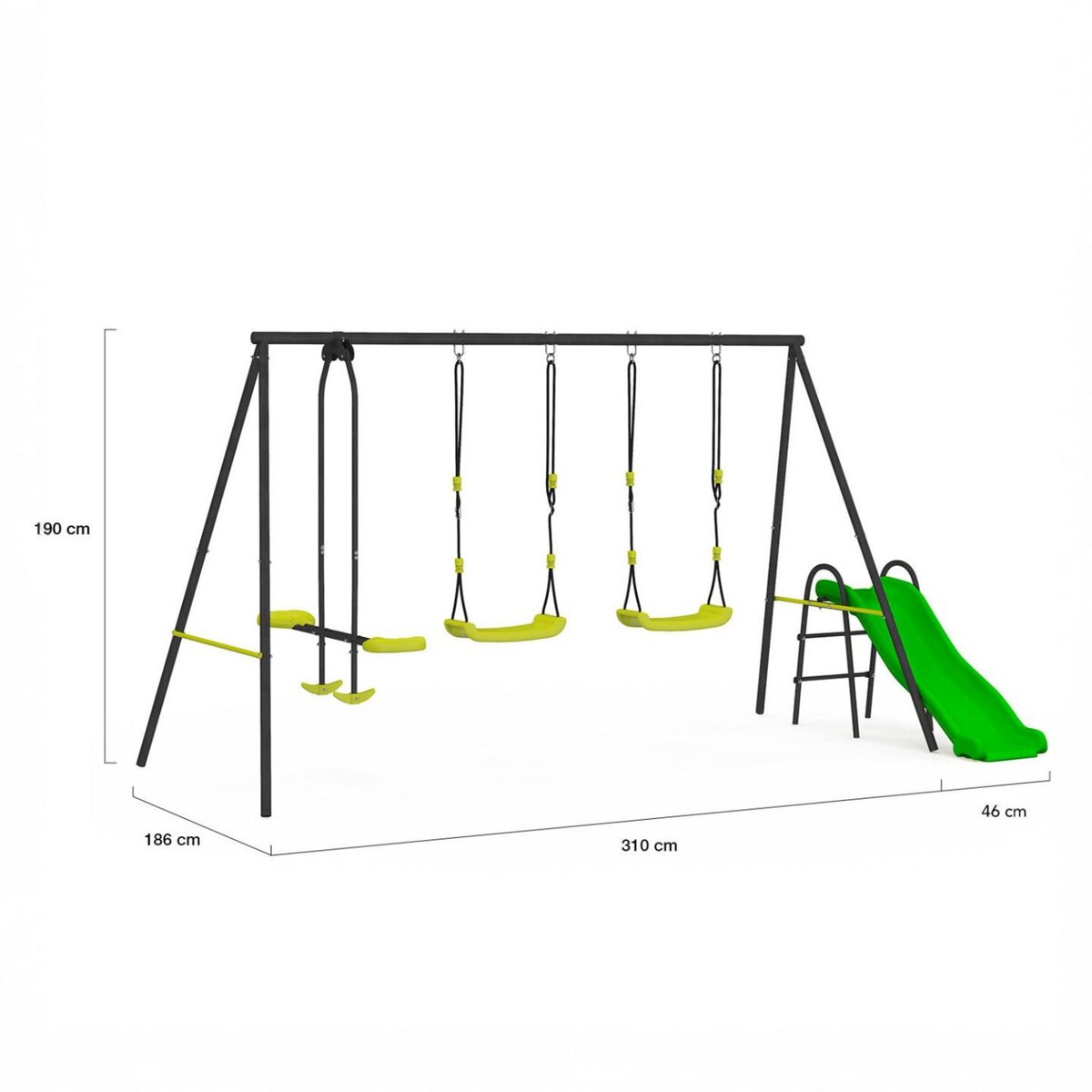 ID MARKET Balançoire 3 agrès portique avec 2 balançoires, 1 face à face et toboggan