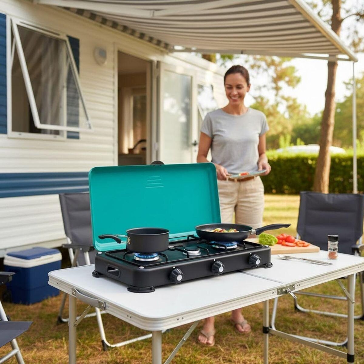 INTEC Réchaud à gaz 3 feux 4100W Brûleurs et Grille en fonte amovibles lavables Plaque de Cuisson gaz Butane ou Propane GOLD III INTEC