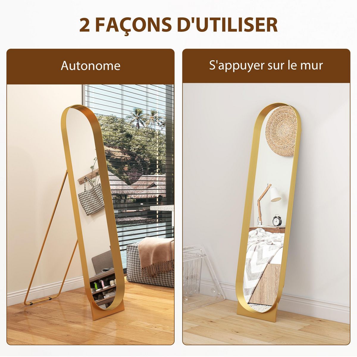 HOMCOM Miroir sur pied design métal doré dim. 40 x 160 cm autoportant ou à adosser