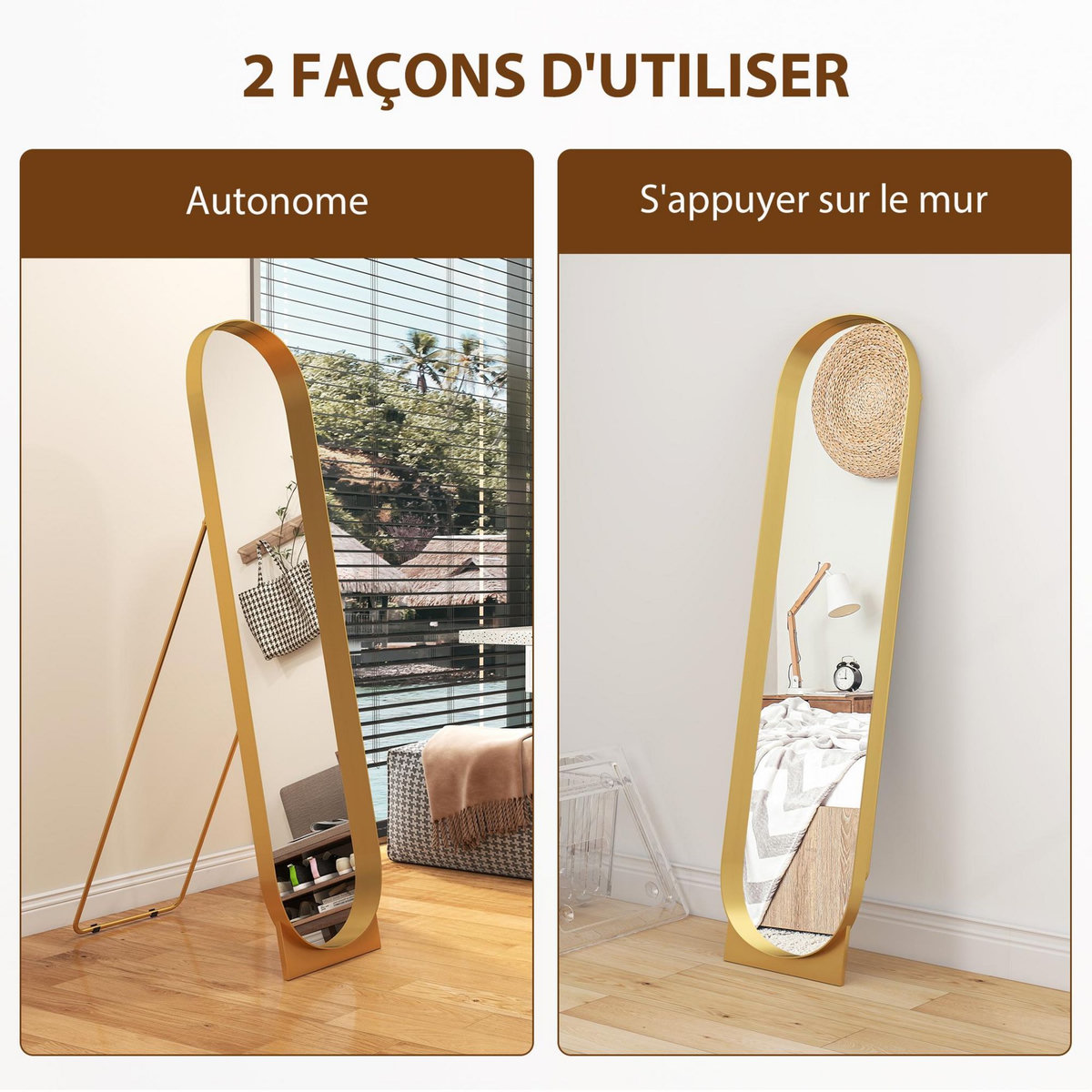 HOMCOM Miroir sur pied design métal doré dim. 40 x 160 cm autoportant ou à adosser