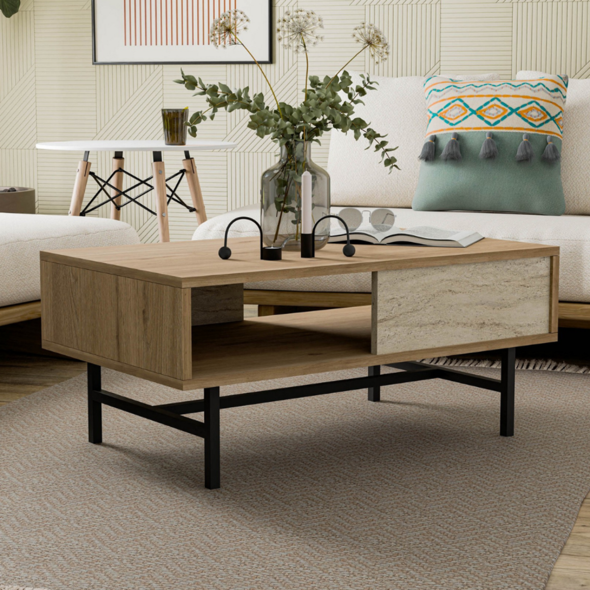 CONCEPT USINE Table basse design bois et travertin avec compartiment TROSA