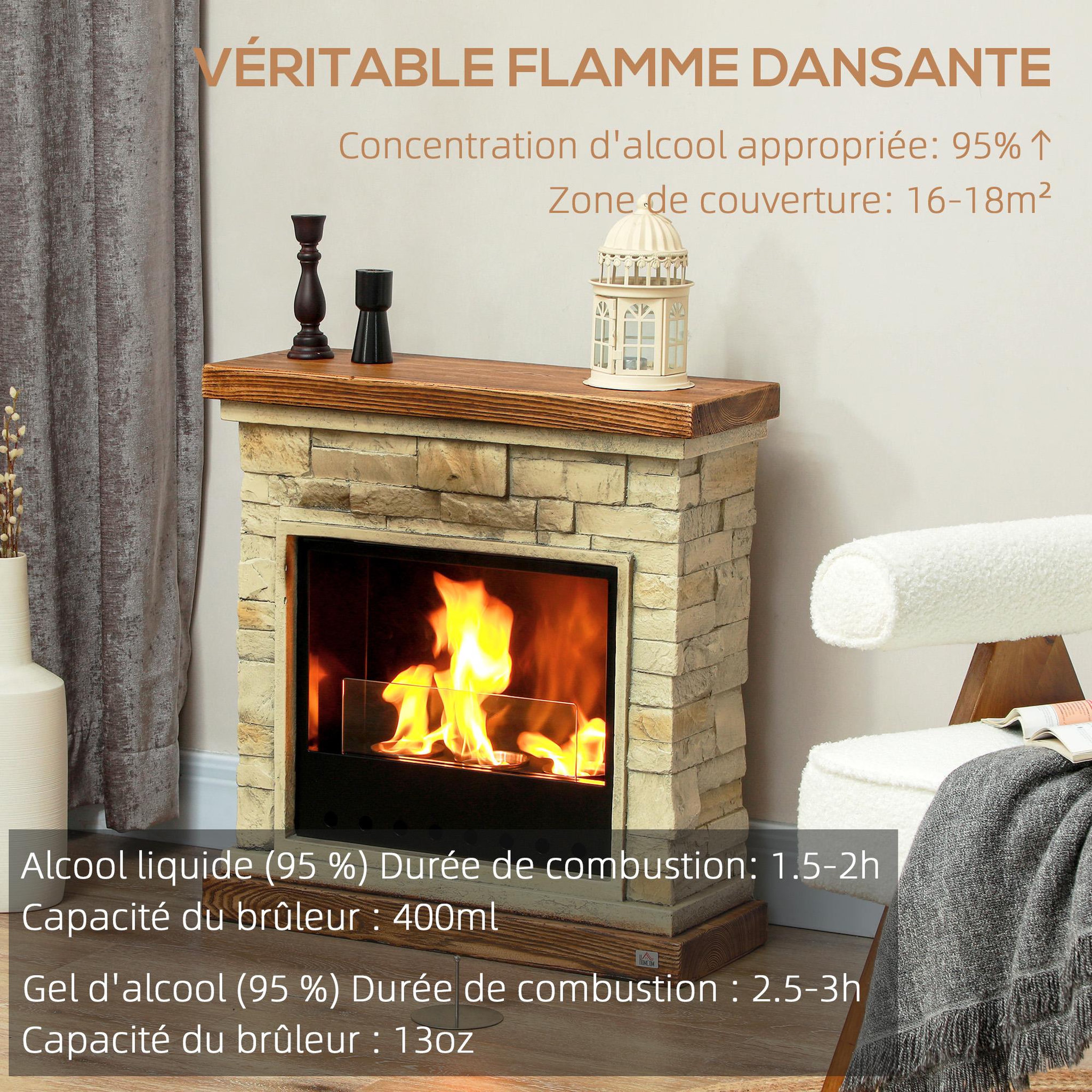 Voir la diapositive 4 : HOMCOM Cheminée bioéthanol - brûleur 400ml, combustion 3h, couverture 16-18 m² - verre trempé protection - marron